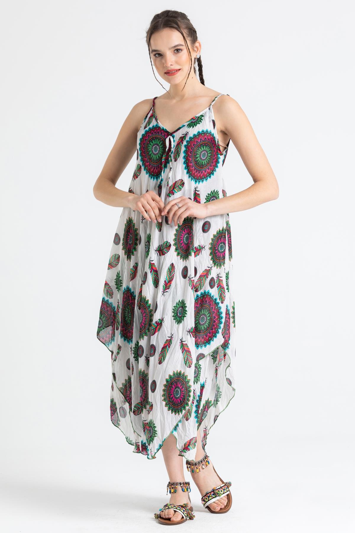 Askılı Vual Afrodit Midi Boy Elbise Beyaz 6197