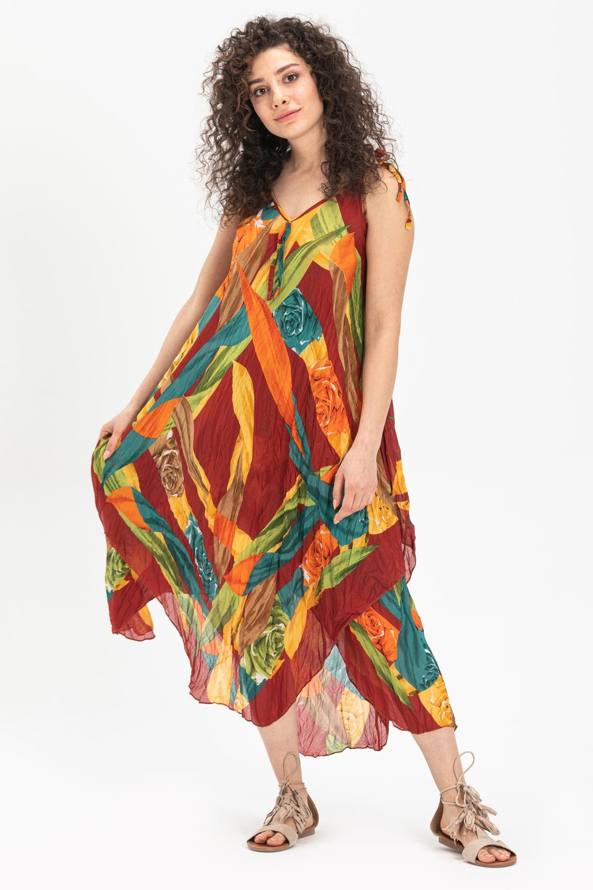 Askılı Vual Afrodit Midi Boy Elbise Bordo 6151