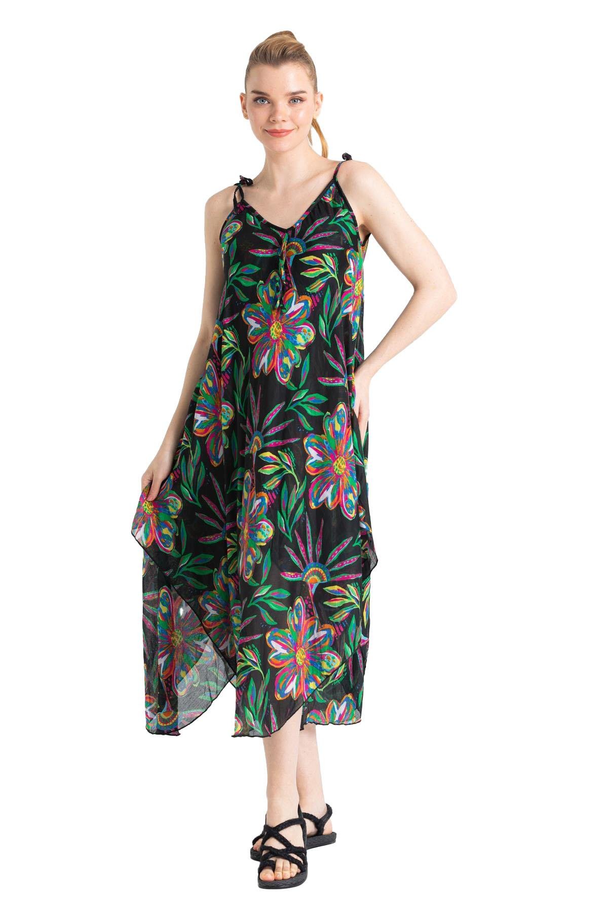 Askılı Vual Afrodit Midi Boy Elbise Etnik Siyah 6193