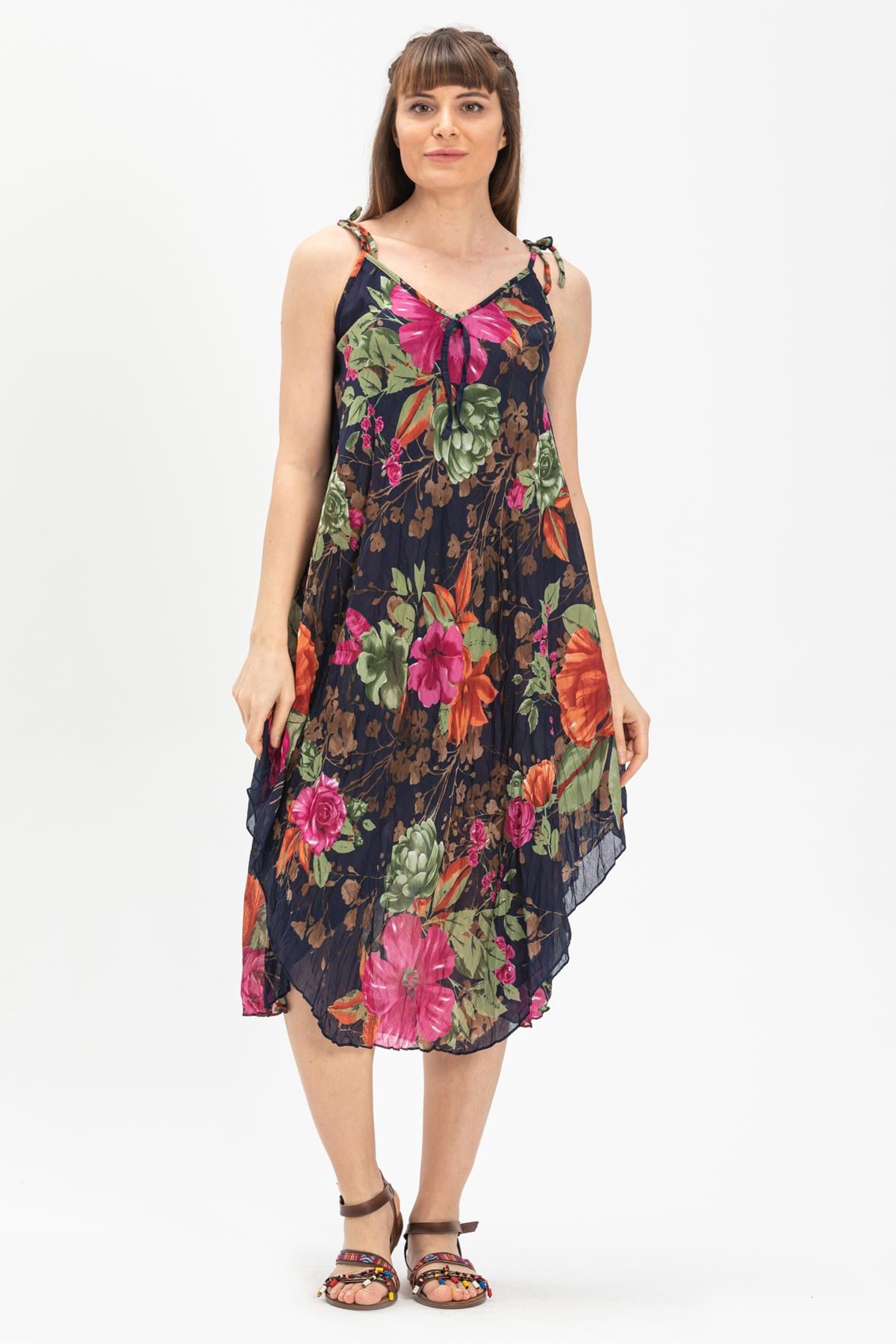 Strappy Voile Afrodit Midi Length Dress Navy Blue1