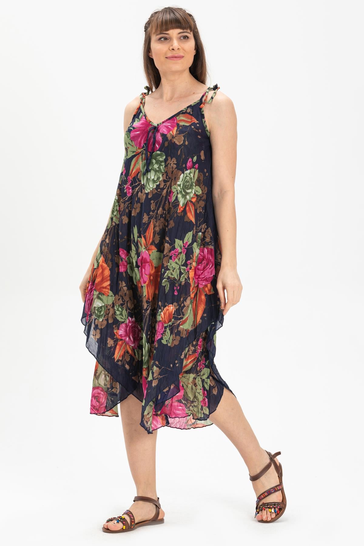 Strappy Voile Afrodit Midi Length Dress Navy Blue1