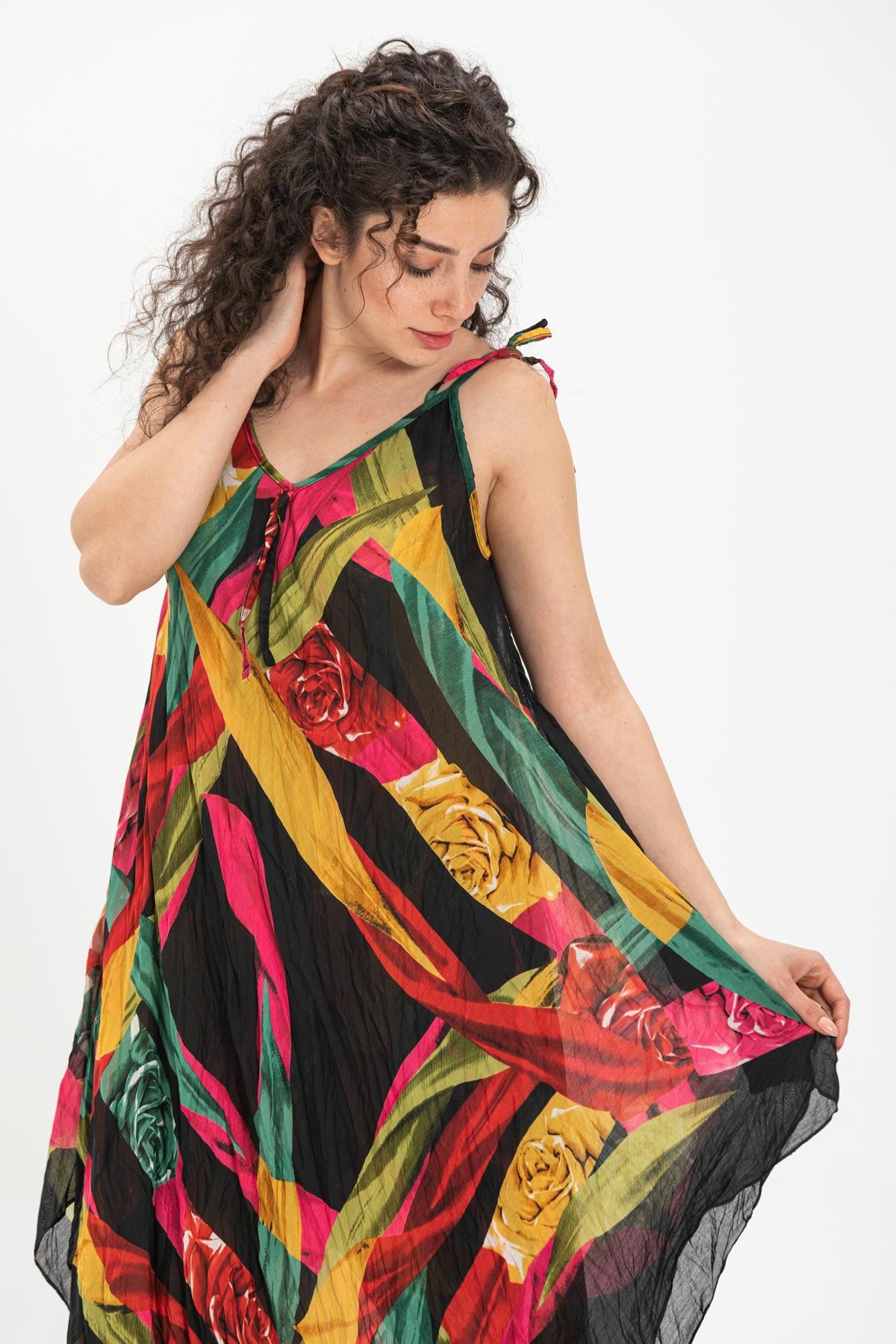 Askılı Vual Afrodit Midi Boy Elbise Siyah 6125