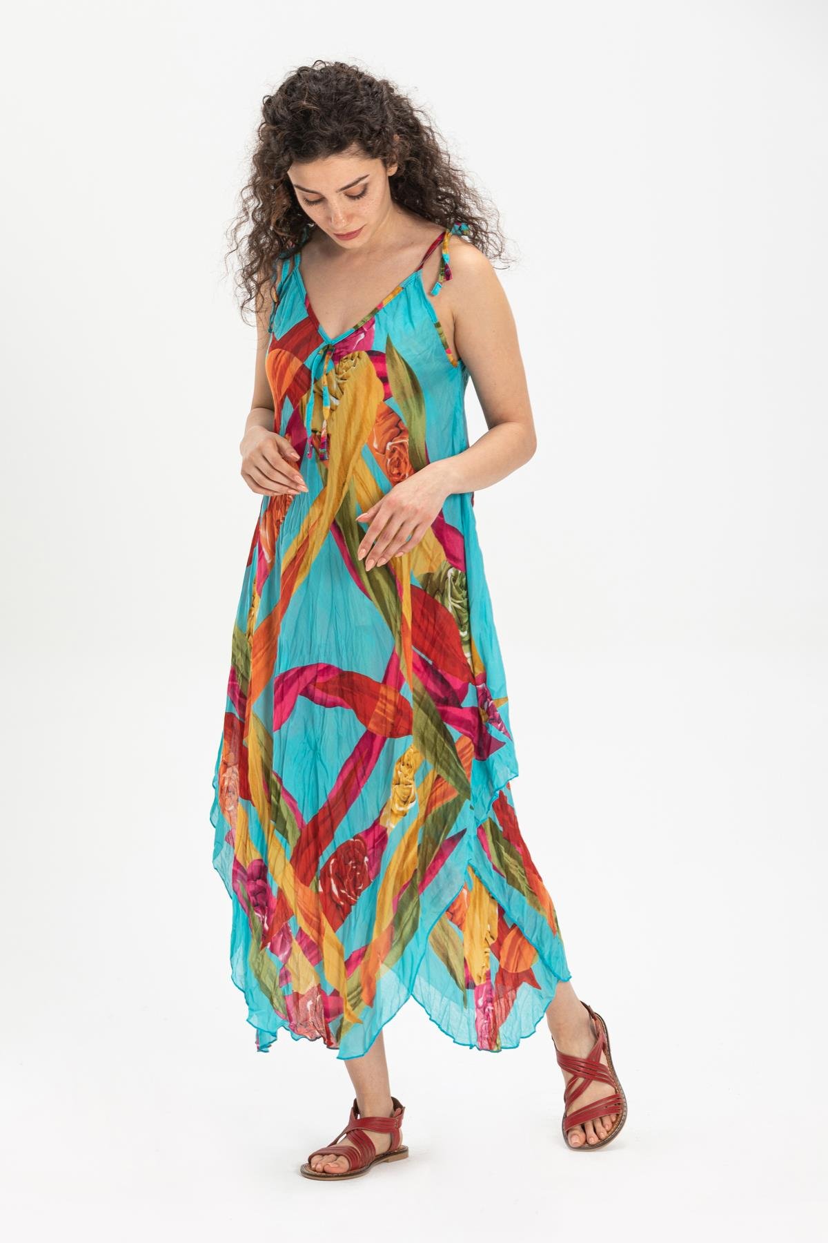 Askılı Vual Afrodit Midi Boy Elbise Turkuaz 6149