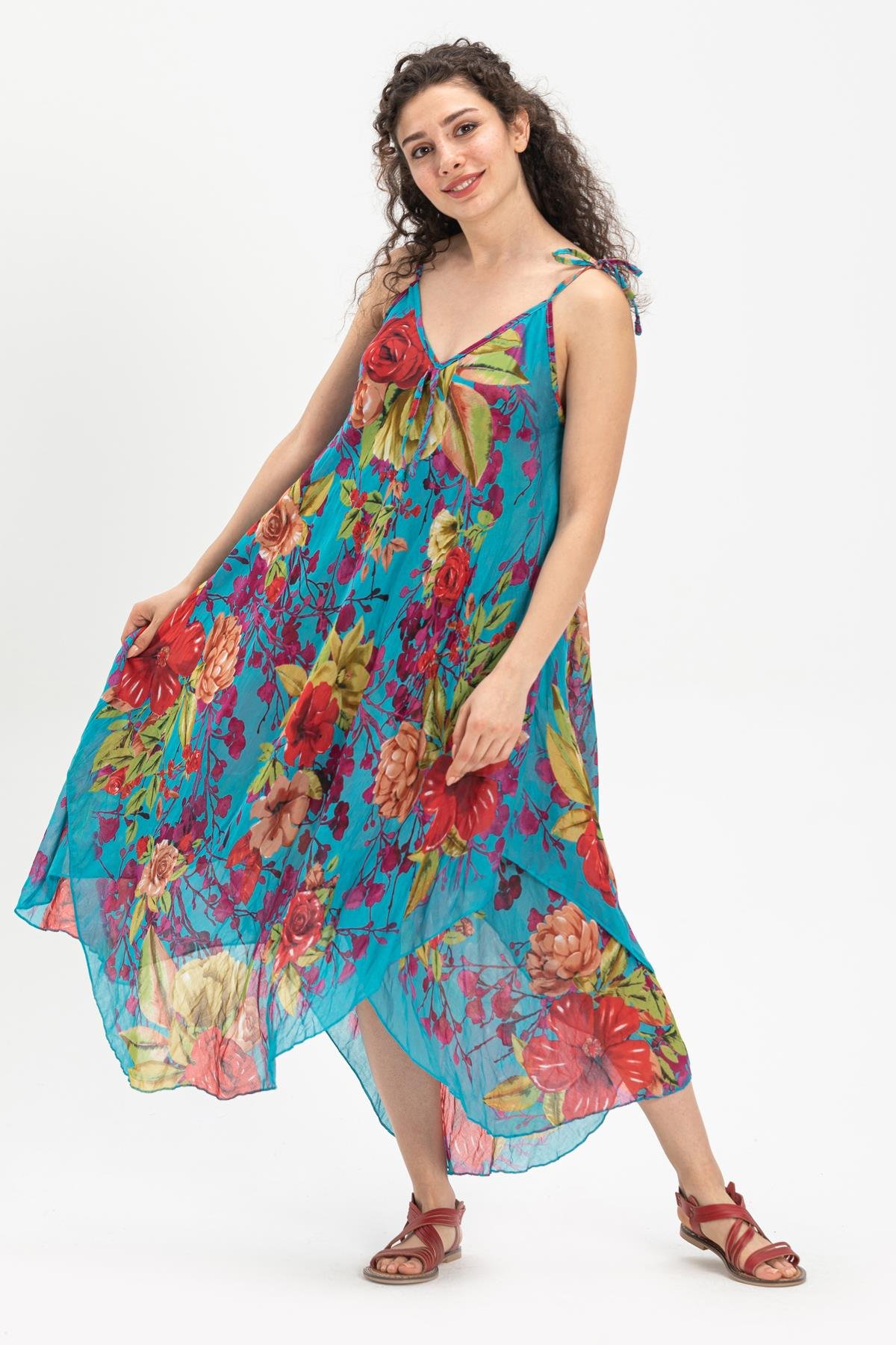 Askılı Vual Afrodit Midi Boy Elbise Turkuaz 6138