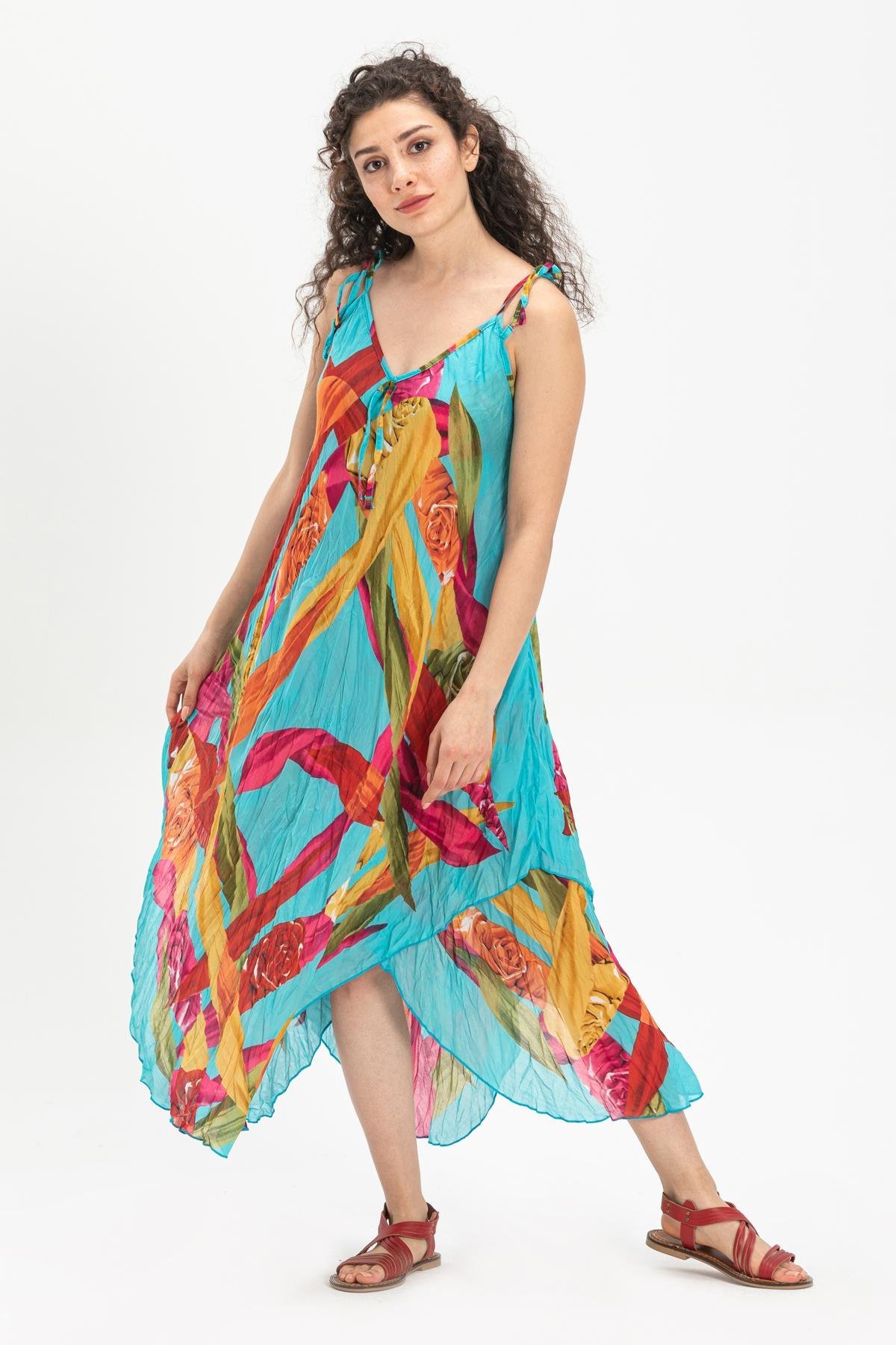 Askılı Vual Afrodit Midi Boy Elbise Turkuaz 6149