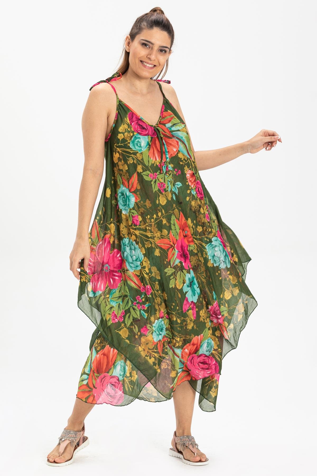 Askılı Vual Afrodit Midi Boy Elbise Yesil 6136