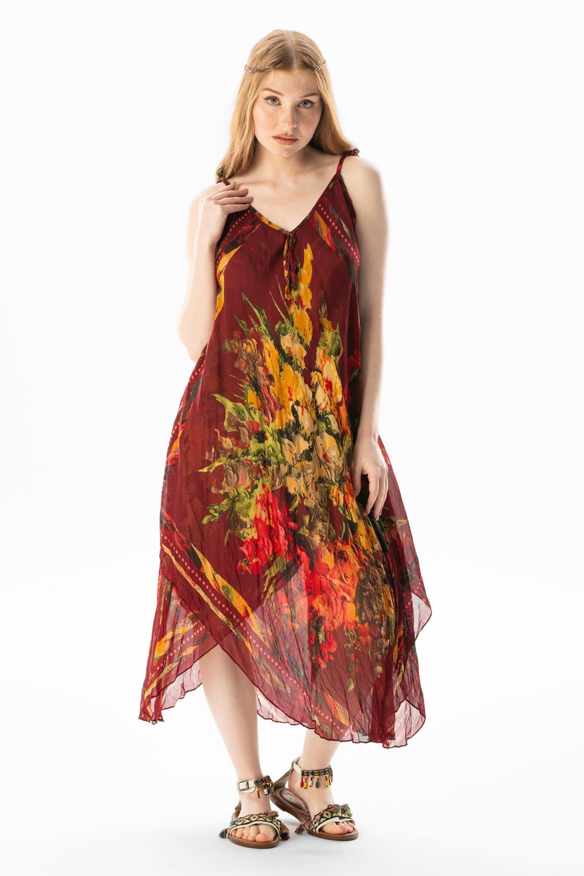 Askılı Vual Afrodit Midi Boy Yazlık Elbise Bordo-Krem 6078