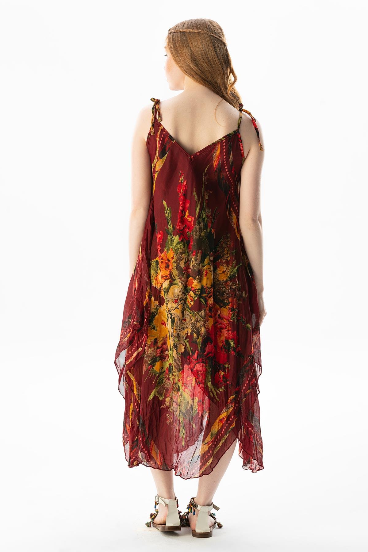 Askılı Vual Afrodit Midi Boy Yazlık Elbise Bordo-Krem 6078