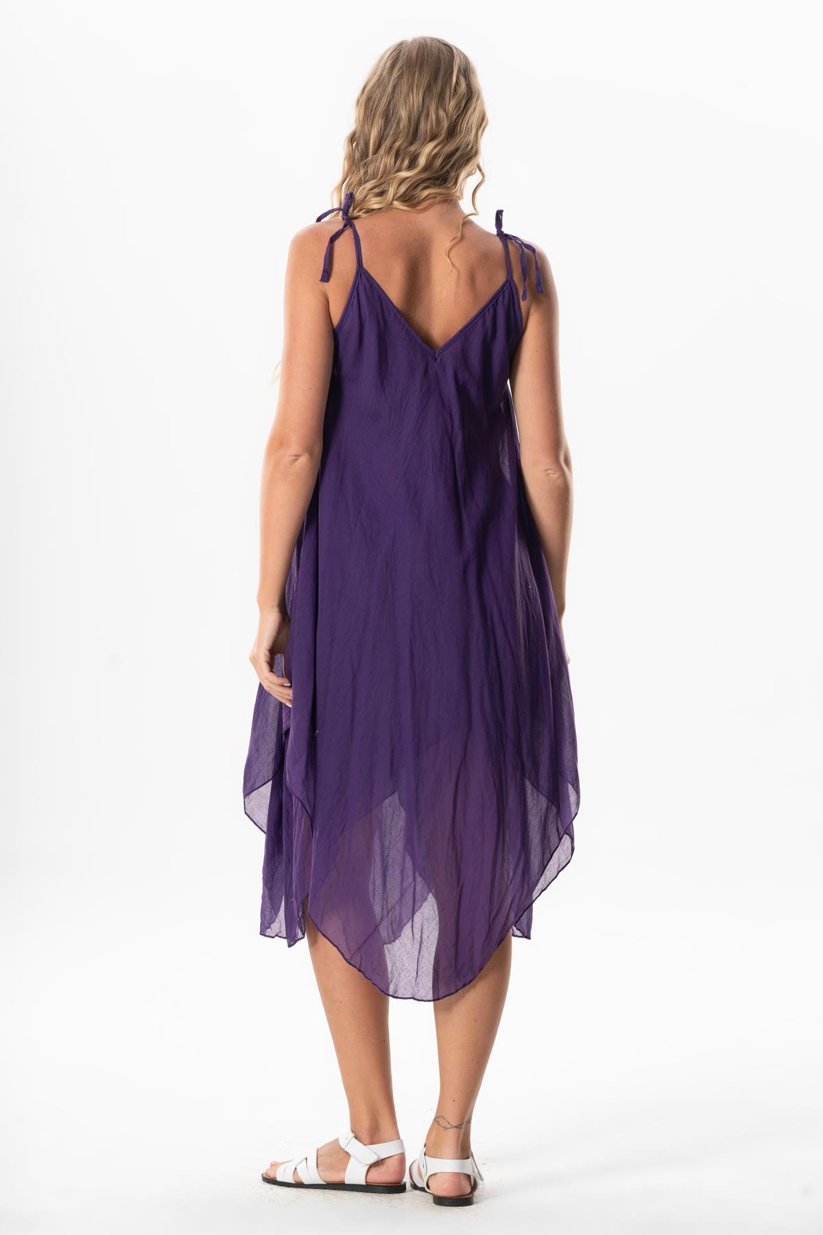Askılı Vual Afrodit Midi Boy Yazlık Elbise Mor Mor