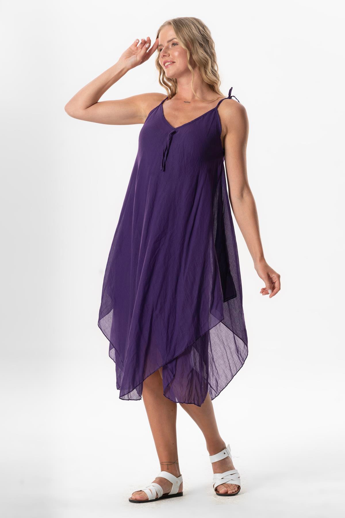 Askılı Vual Afrodit Midi Boy Yazlık Elbise Mor Mor