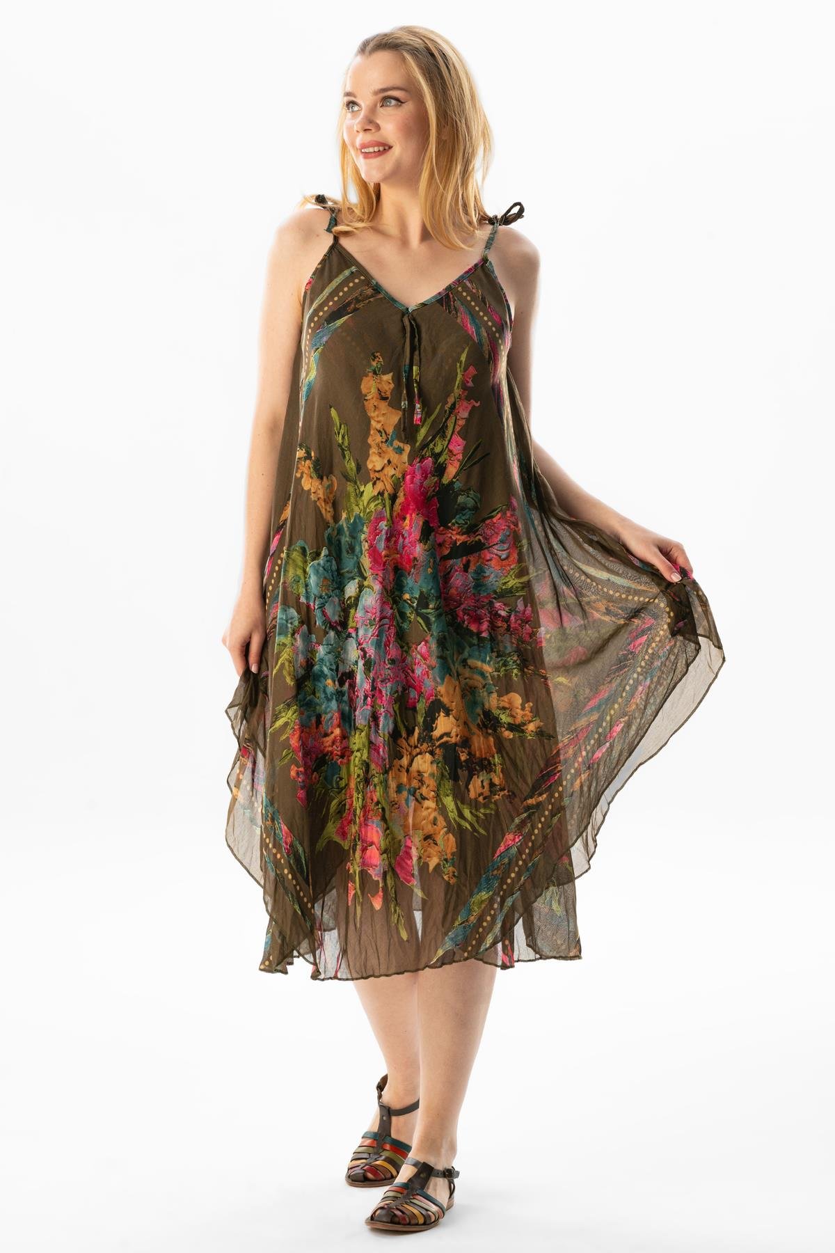 Askılı Vual Afrodit Midi Boy Yazlık Elbise Haki 6061