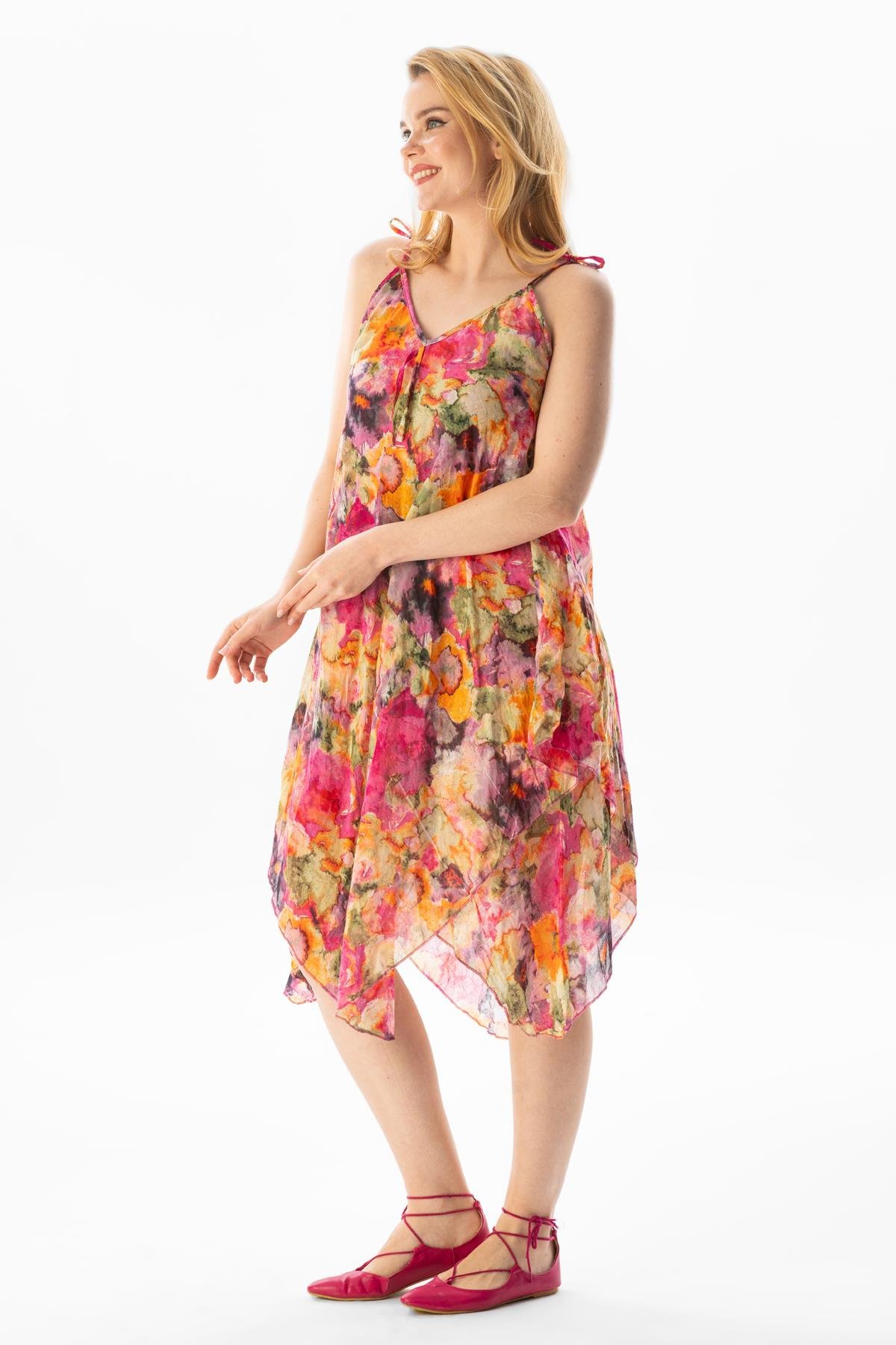 Askılı Vual Afrodit Midi Boy Yazlık Elbise Batik Pembe 6211