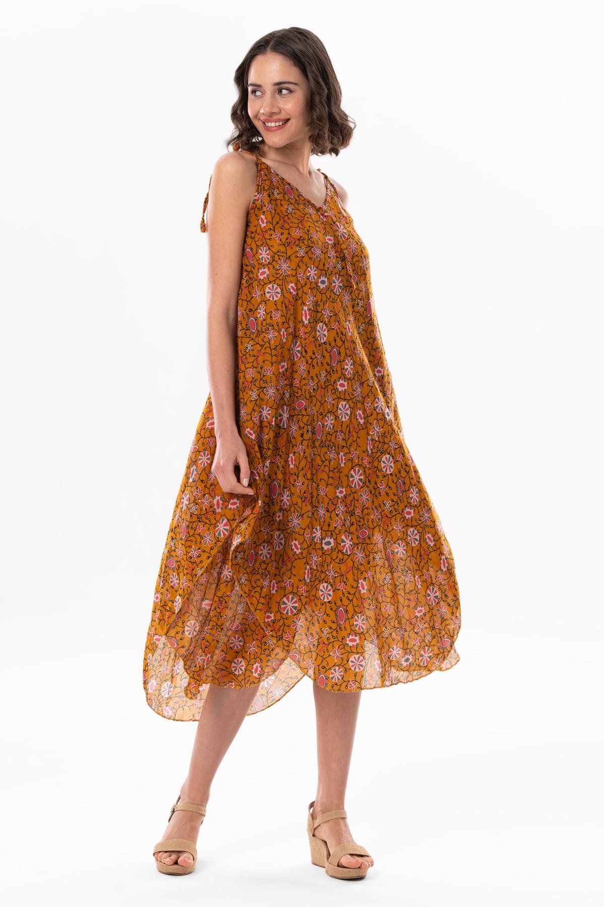 Askılı Vual Afrodit Midi Boy Elbise Hardal 6202