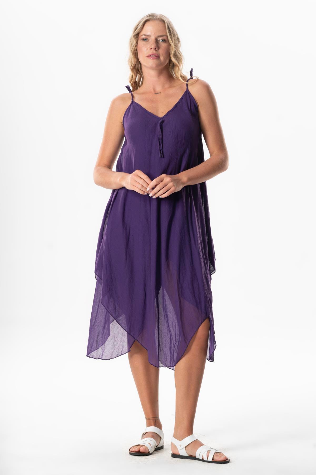 Askılı Vual Afrodit Midi Boy Yazlık Elbise Mor Mor