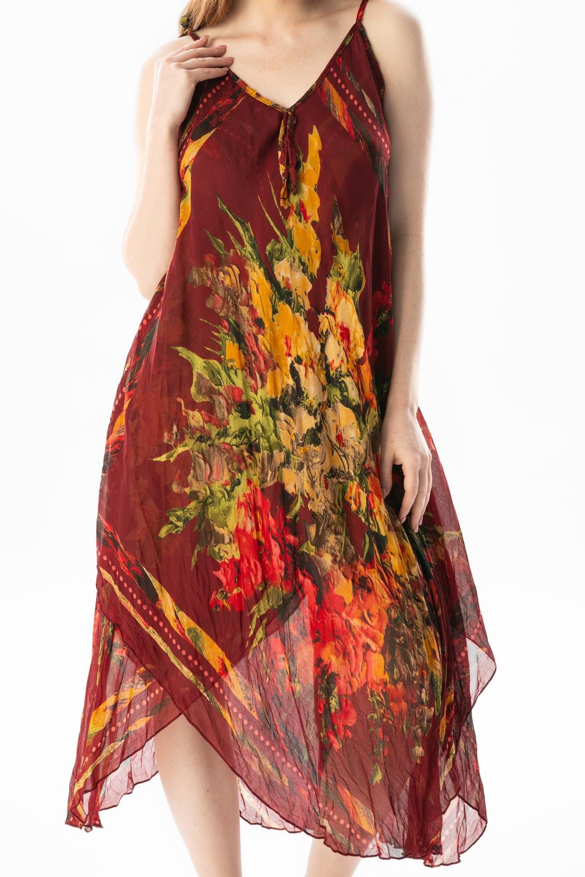 Askılı Vual Afrodit Midi Boy Yazlık Elbise Bordo-Krem 6078