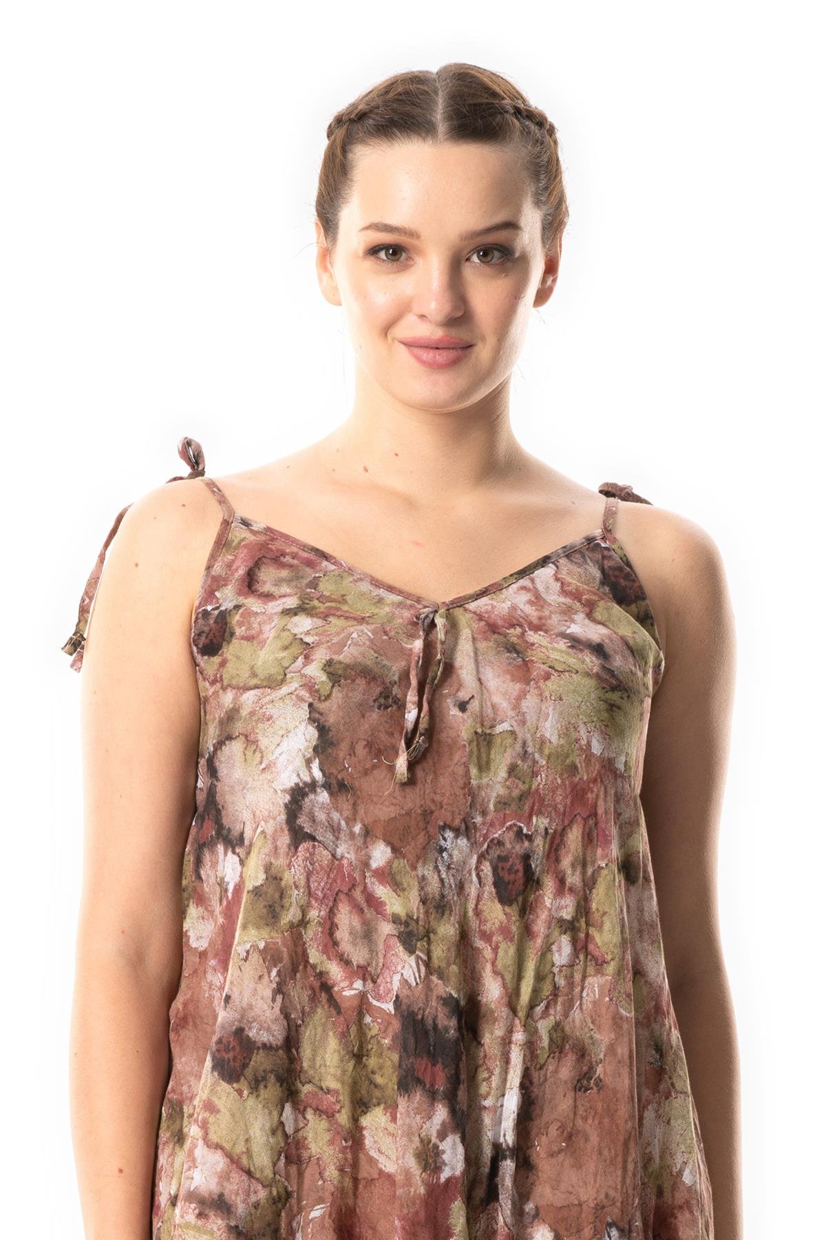 Askılı Vual Afrodit Midi Boy Yazlık Elbise Batik Koyu Kahve 6213