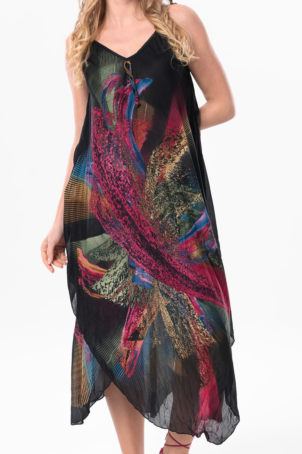 Askılı Vual Afrodit Midi Boy Yazlık Elbise Siyah 6204