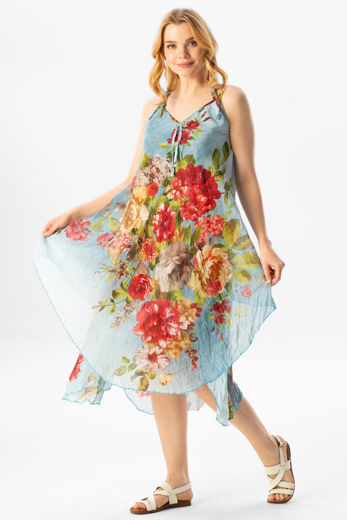 Askılı Vual Afrodit Midi Boy Yazlık Elbise Buz Mavi 6121