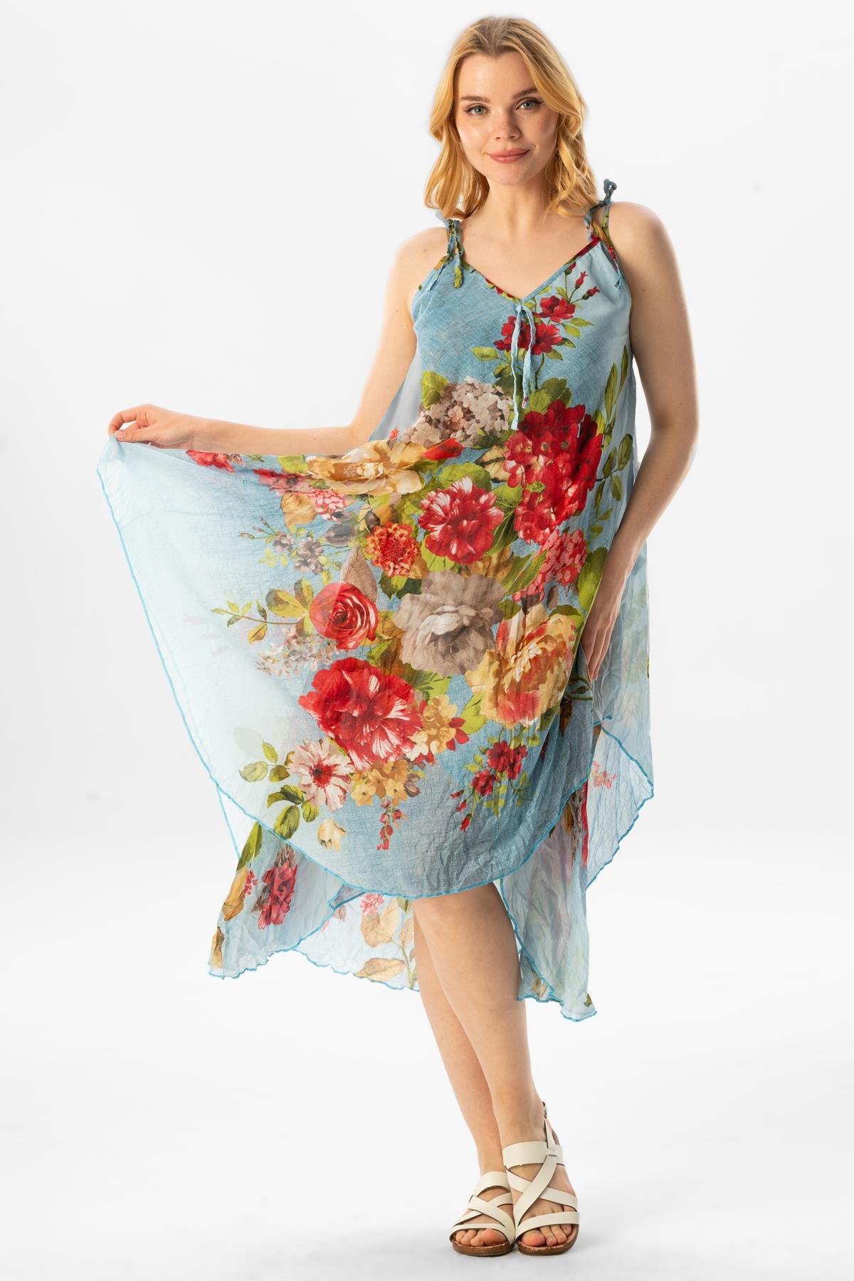 Askılı Vual Afrodit Midi Boy Yazlık Elbise Buz Mavi 6121