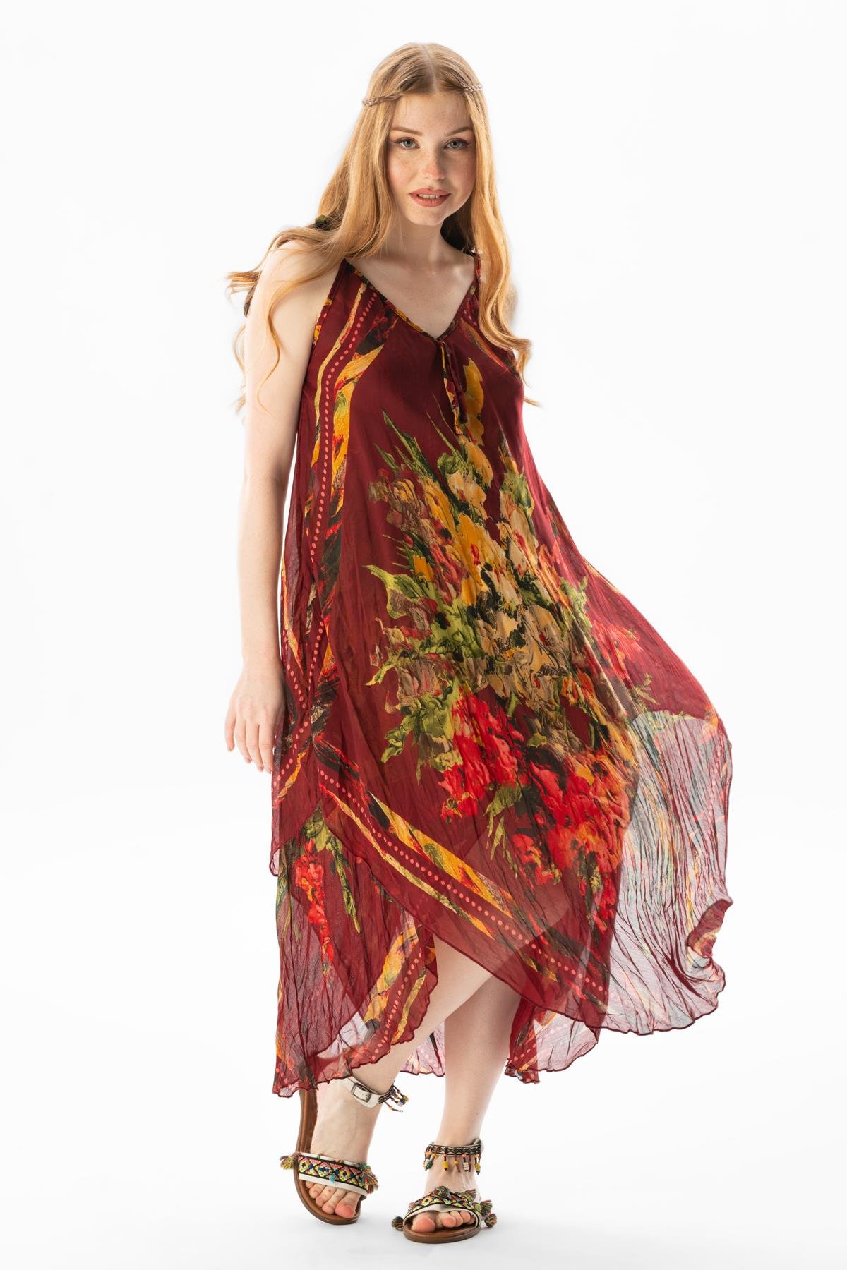 Askılı Vual Afrodit Midi Boy Yazlık Elbise Bordo-Krem 6078