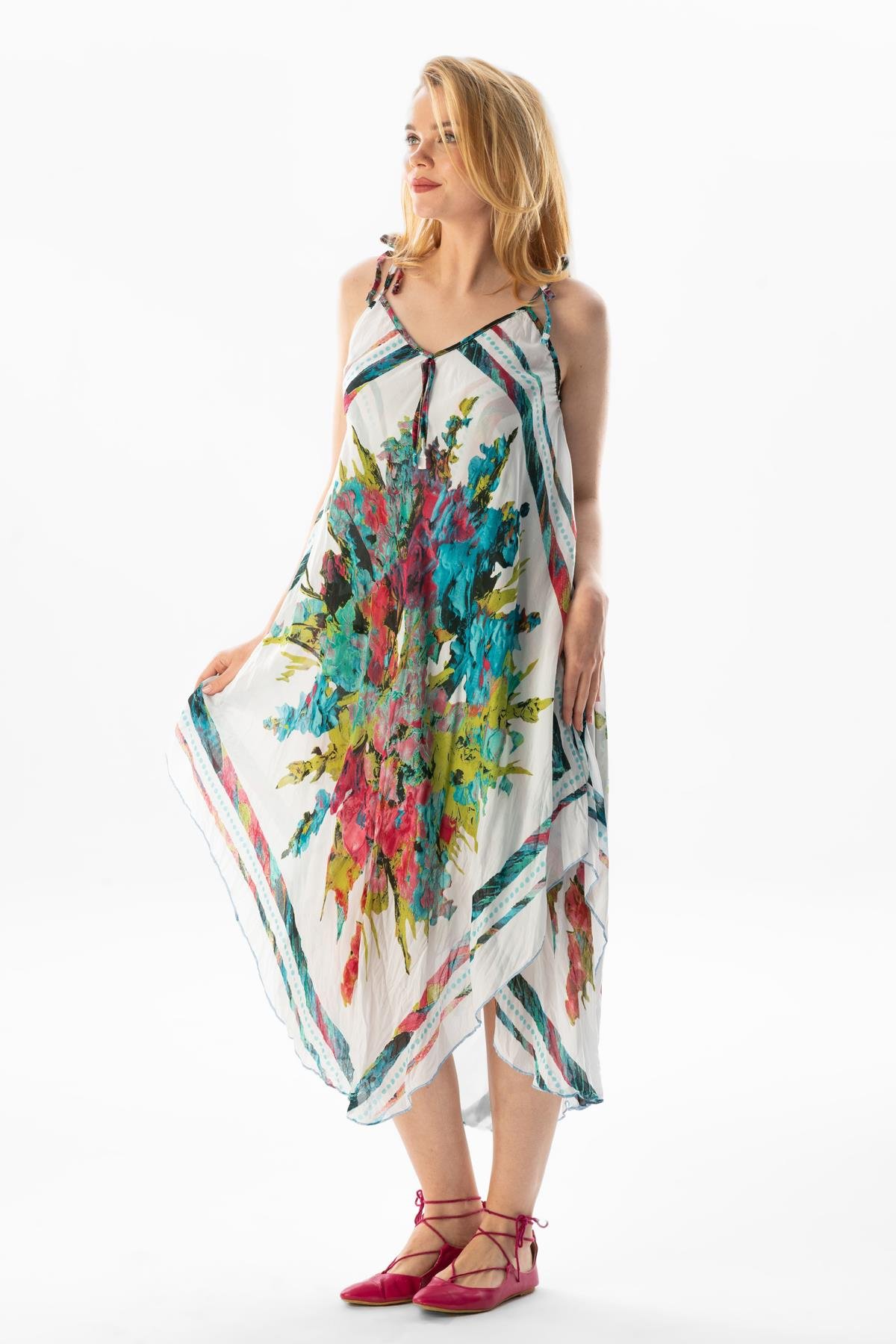 Askılı Vual Afrodit Midi Boy Yazlık Elbise Mavi Beyaz Çizgili 6077