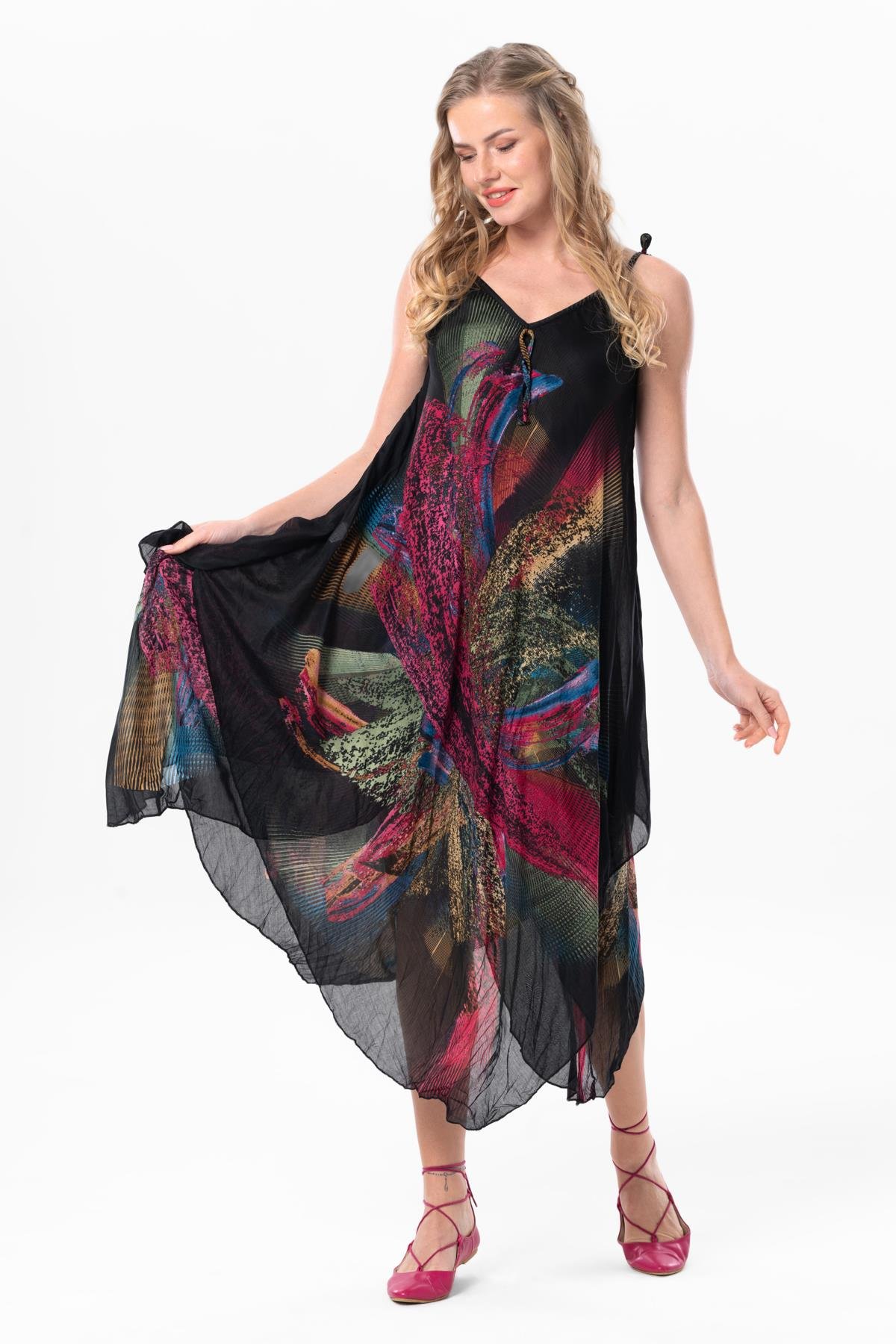 Askılı Vual Afrodit Midi Boy Yazlık Elbise Siyah 6204