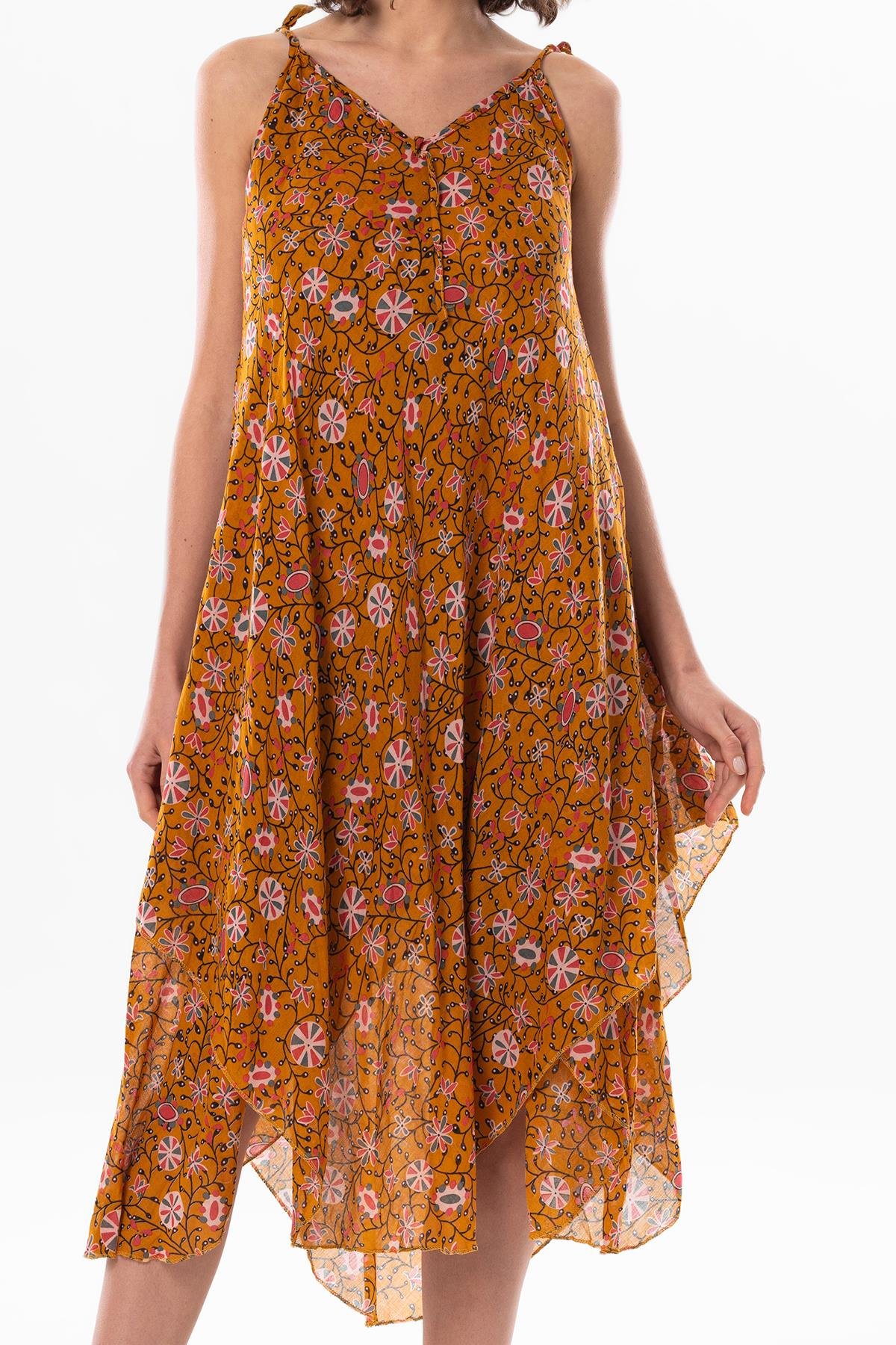 Askılı Vual Afrodit Midi Boy Elbise Hardal 6202