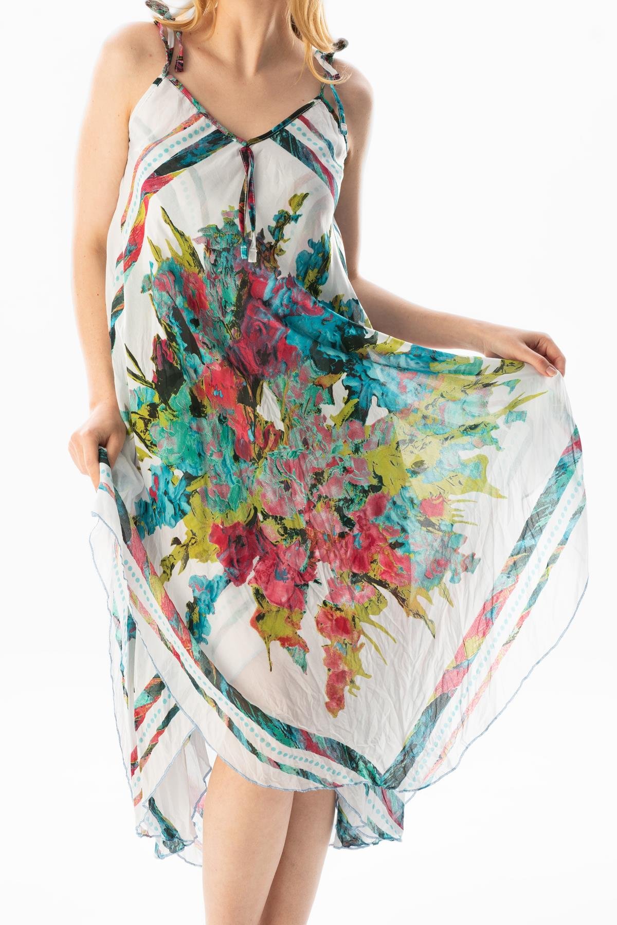 Askılı Vual Afrodit Midi Boy Yazlık Elbise Mavi Beyaz Çizgili 6077