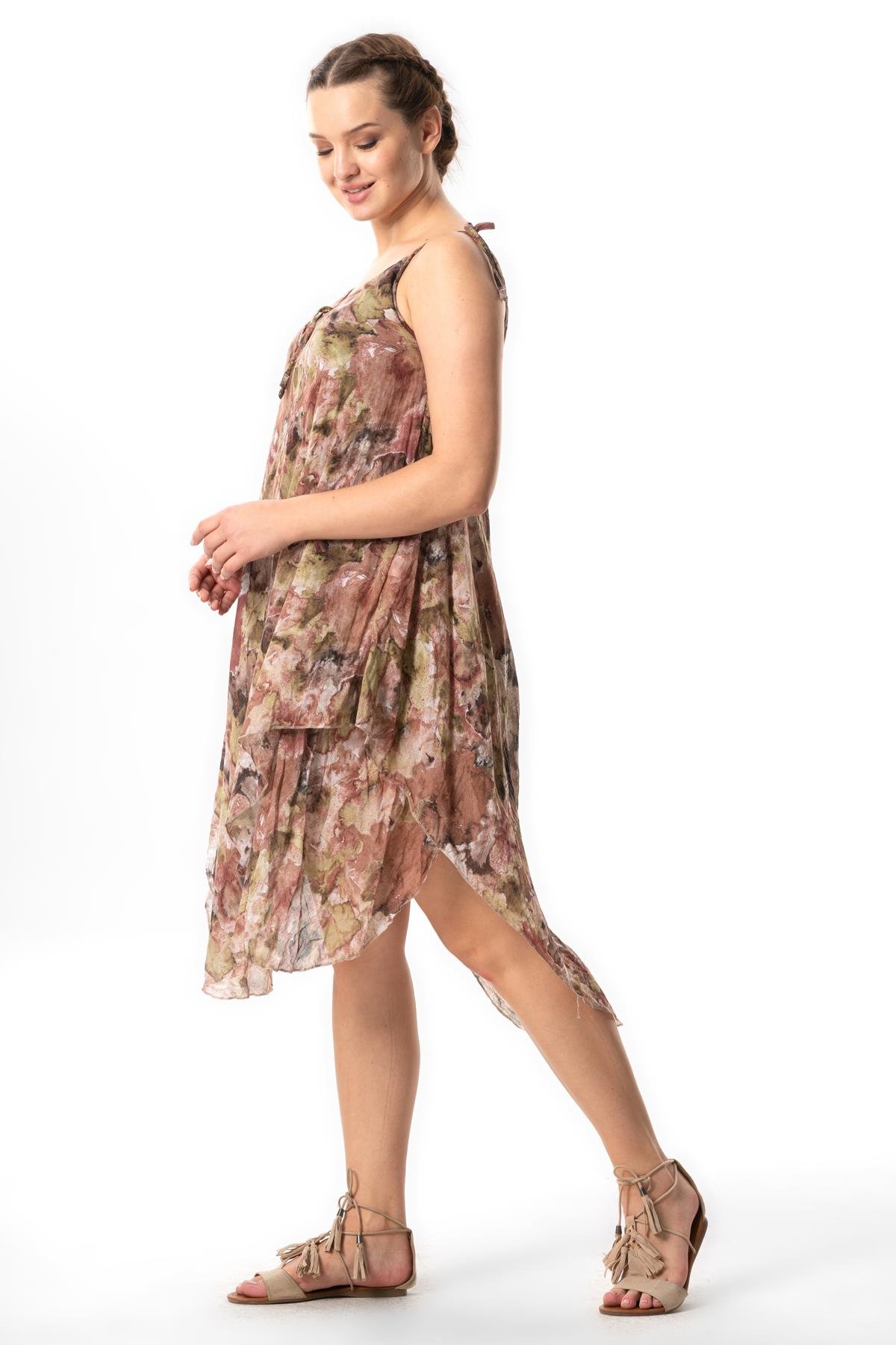 Askılı Vual Afrodit Midi Boy Yazlık Elbise Batik Koyu Kahve 6213