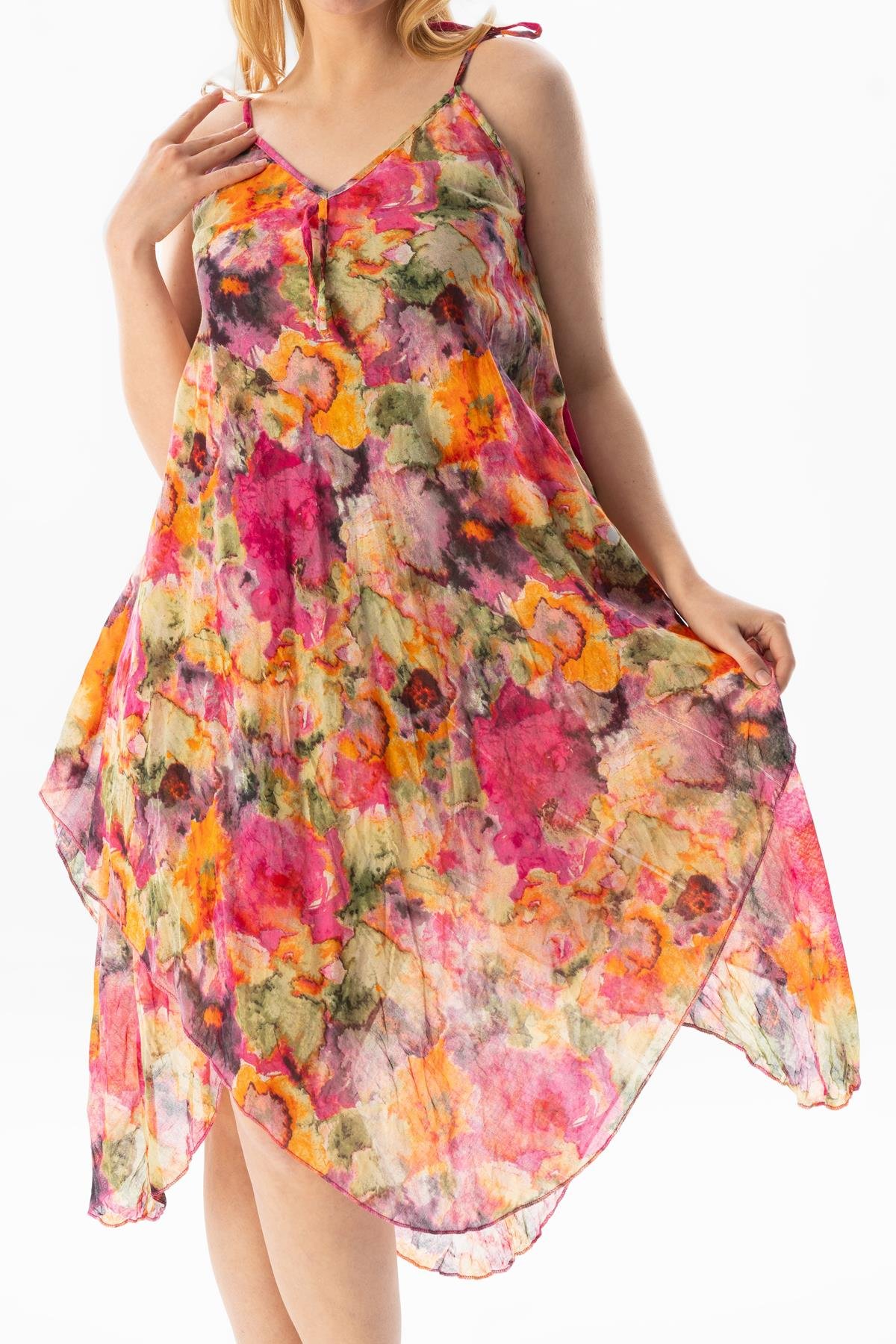 Askılı Vual Afrodit Midi Boy Yazlık Elbise Batik Pembe 6211