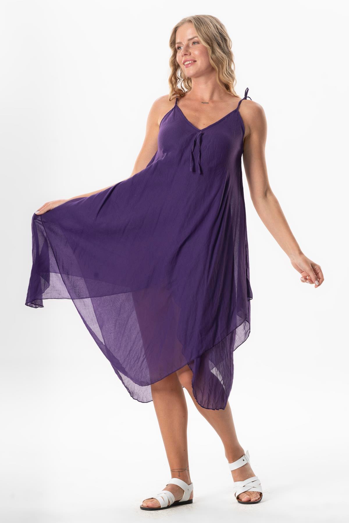 Askılı Vual Afrodit Midi Boy Yazlık Elbise Mor Mor