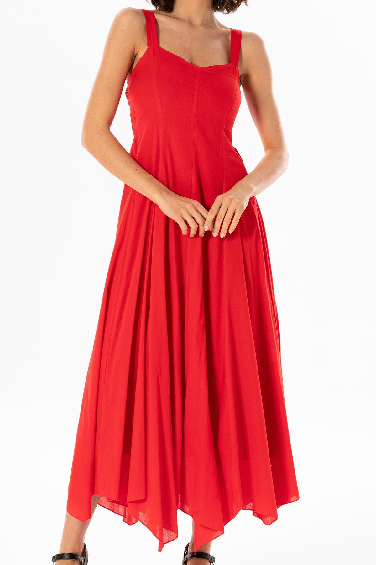 Askılı Vual Emel Uzun Yazlık Elbise Kırmızı Krmz