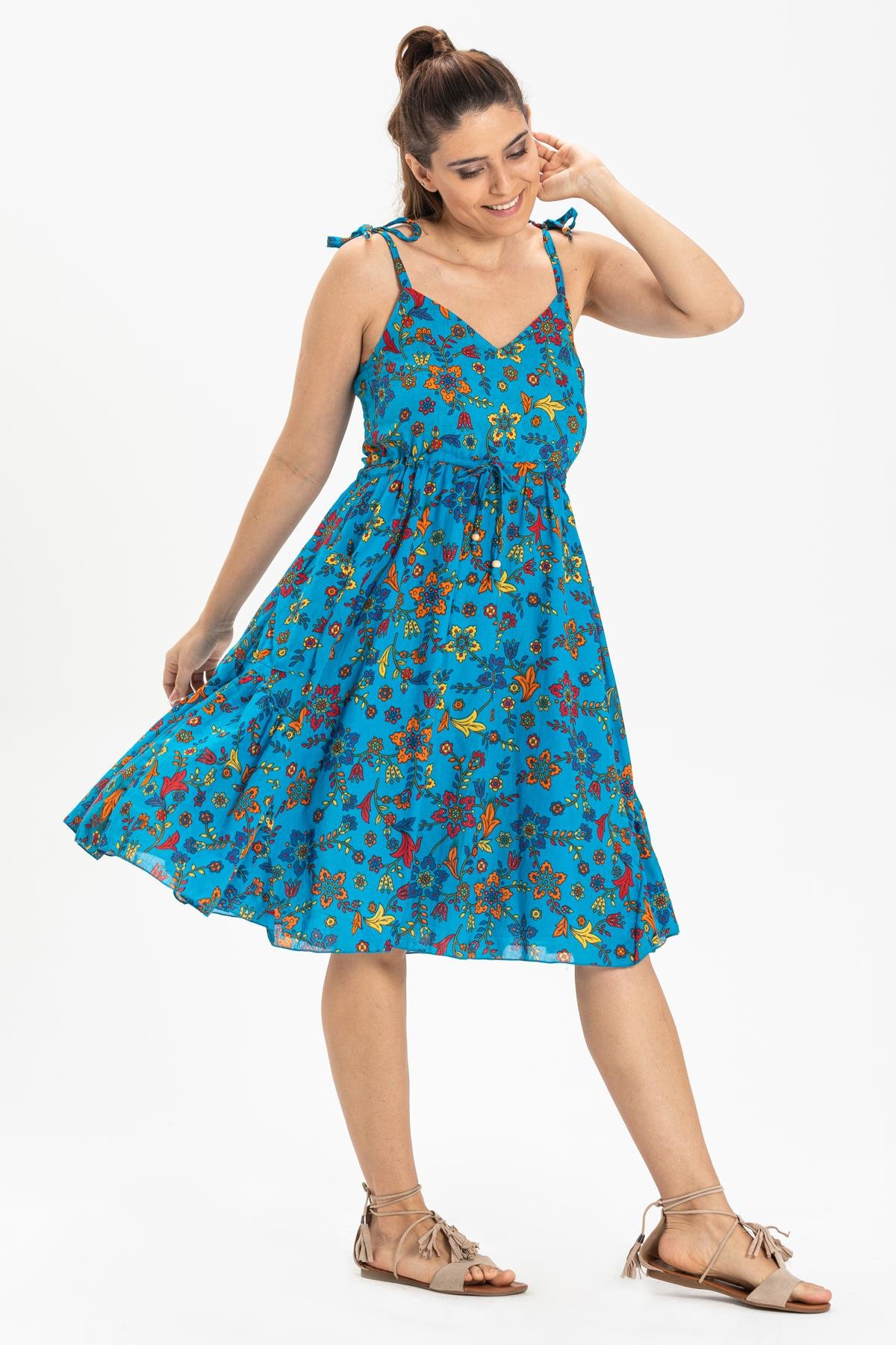 Askılı Vual Melisa Kısa Elbise Turkuaz Trkz