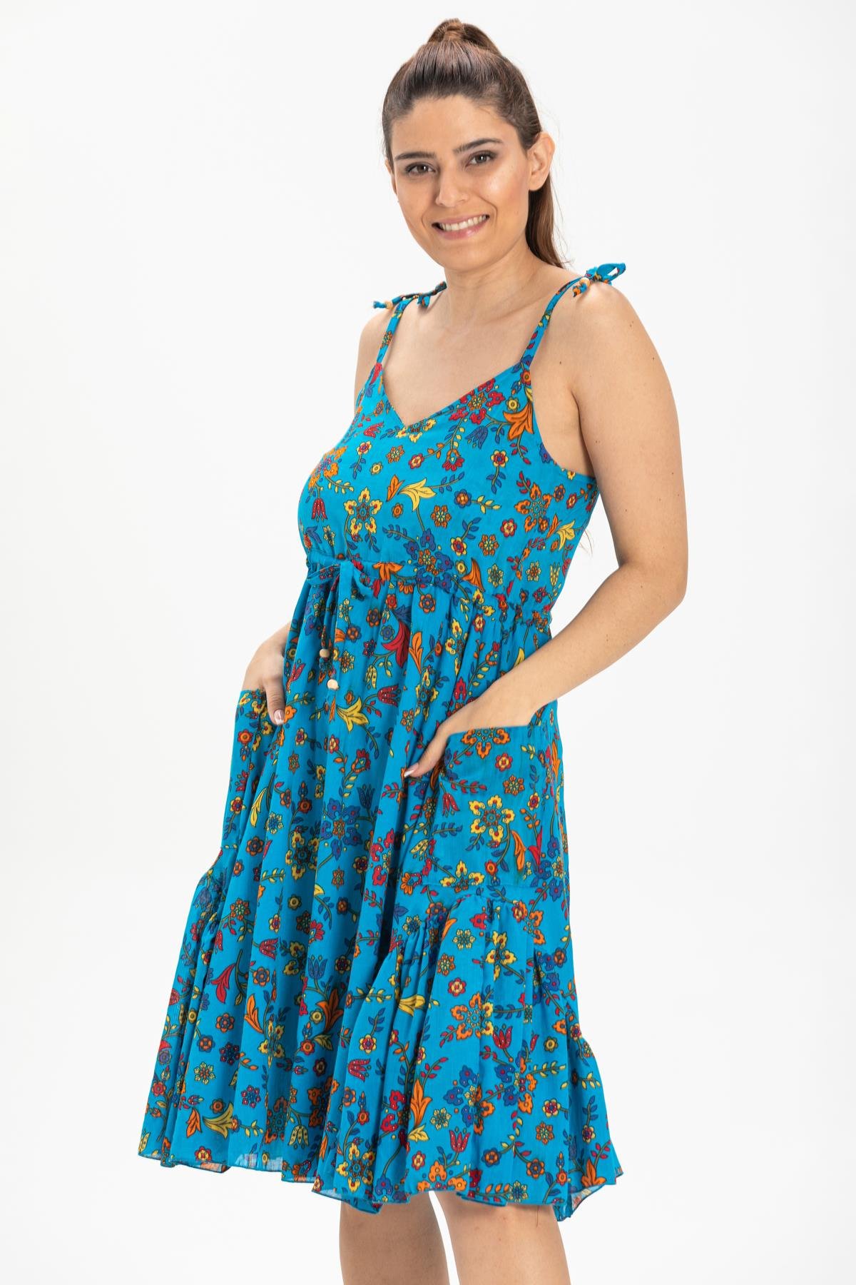 Askılı Vual Melisa Kısa Elbise Turkuaz Trkz