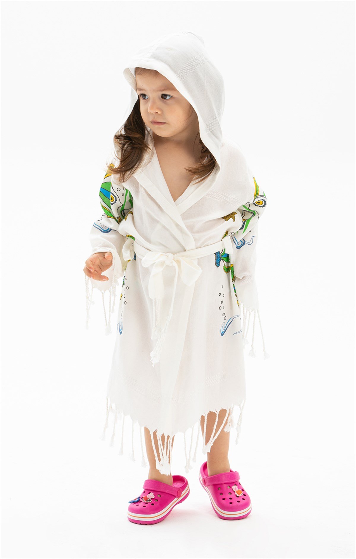 Bambu Baskılı Balık Desen Çocuk Bornoz Krem