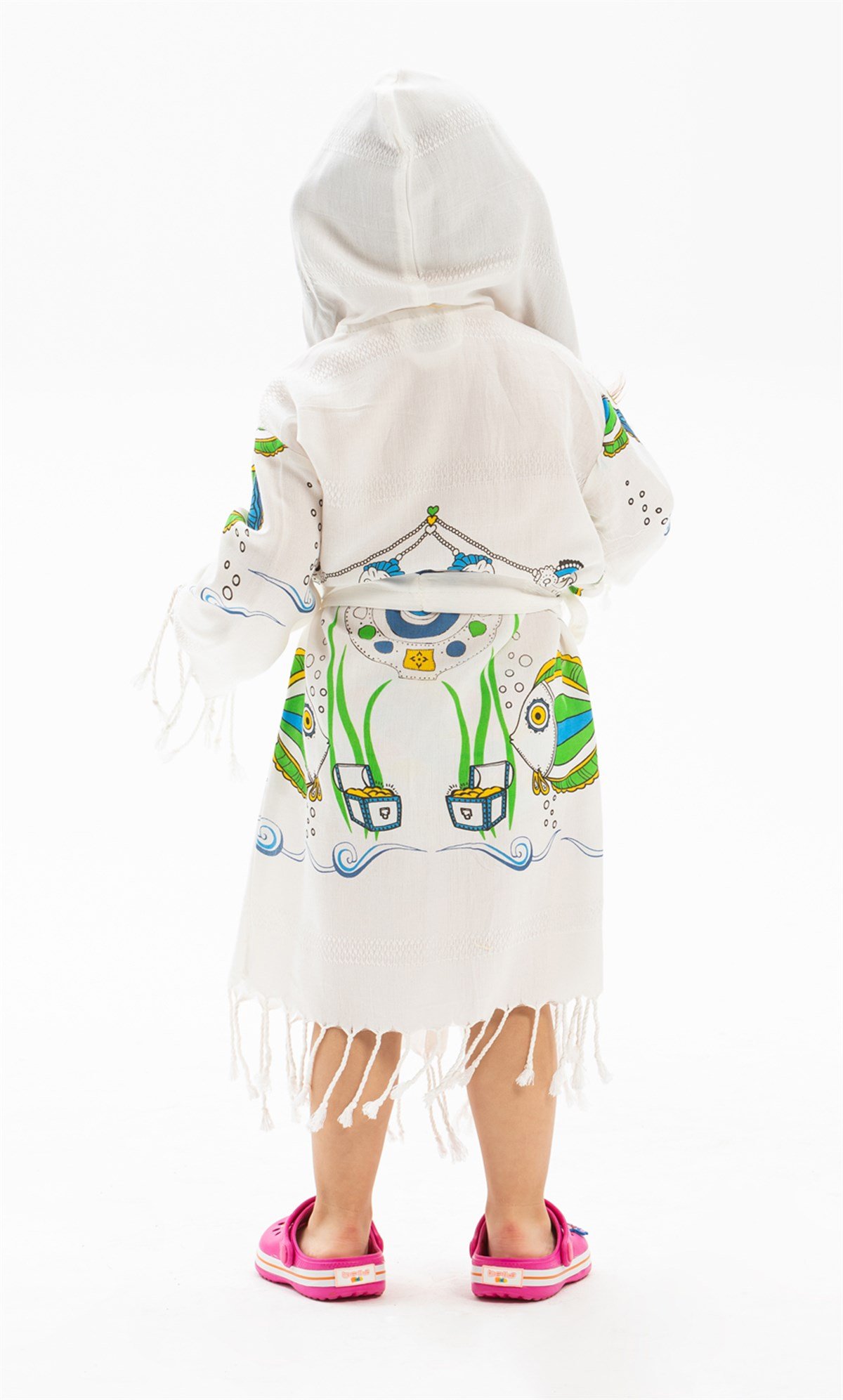 Bambu Baskılı Balık Desen Çocuk Bornoz Krem