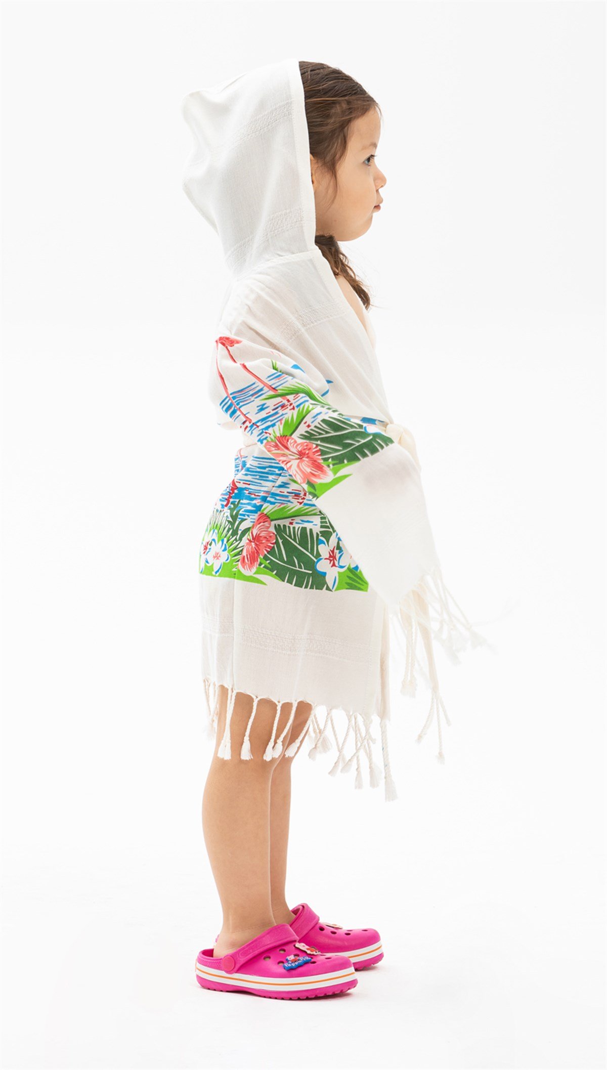 Bambu Baskılı Flamingo Desen Çocuk Bornoz Krem