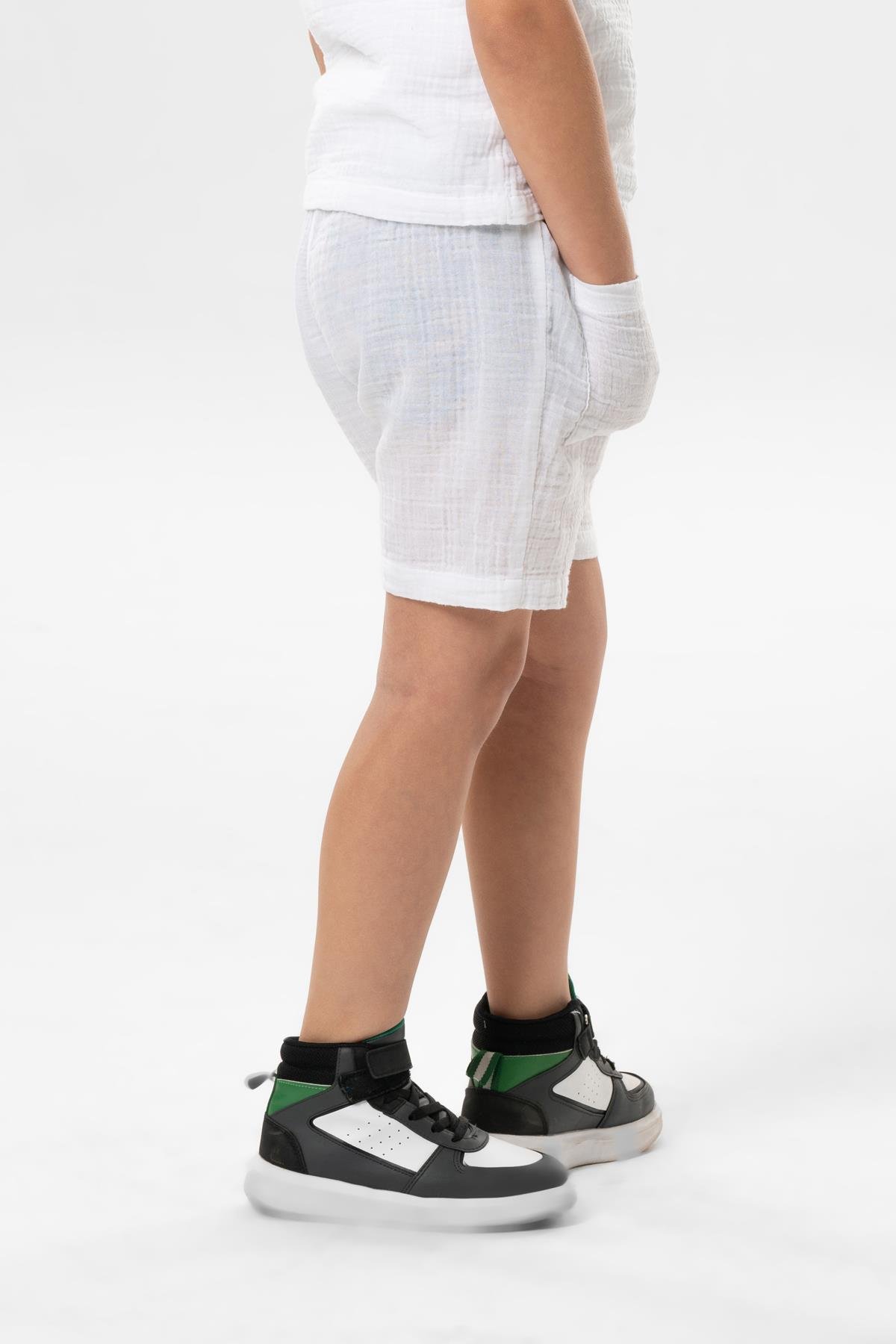 Batı Pocket Detailed Summer Muslin Kids Shorts White