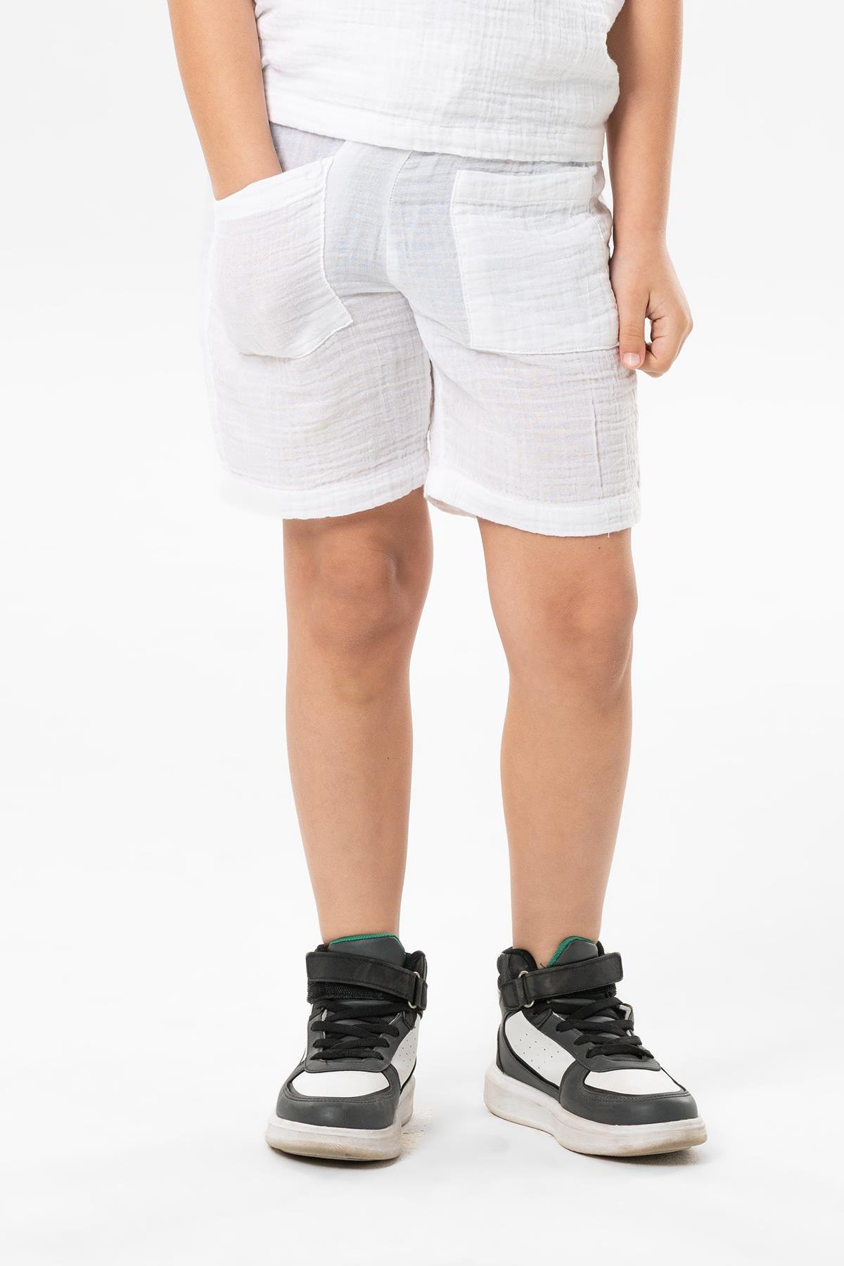 Batı Pocket Detailed Summer Muslin Kids Shorts White