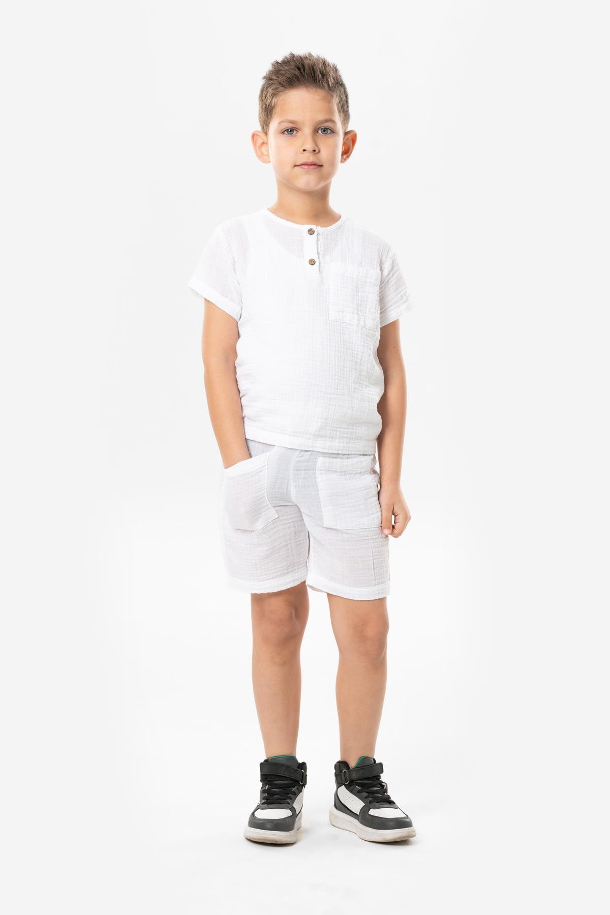 Batı Pocket Detailed Summer Muslin Kids Shorts White