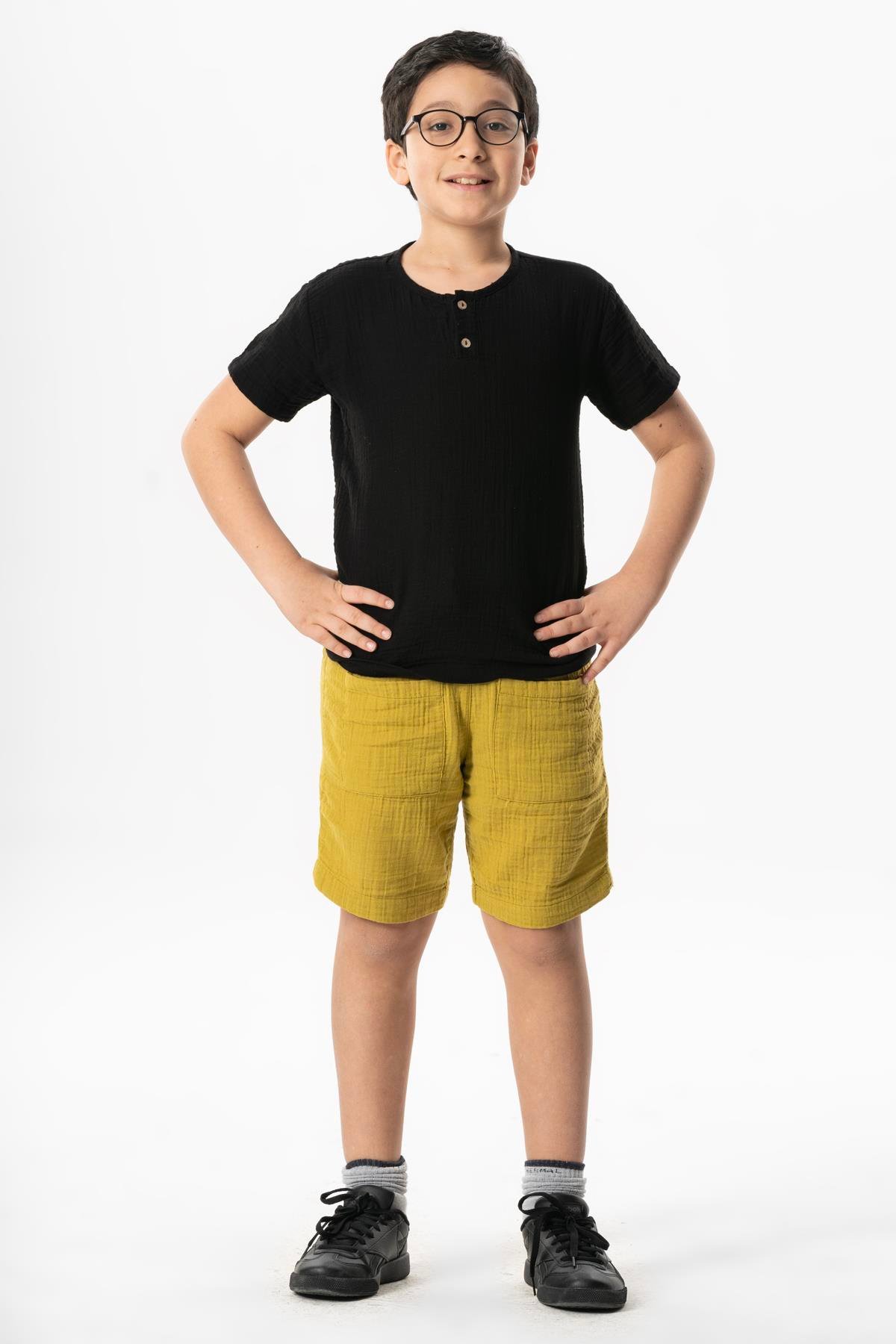 Batı Cep Detaylı Yazlık Müslin Erkek Çocuk Şort Yağ Yeşili Ygysl