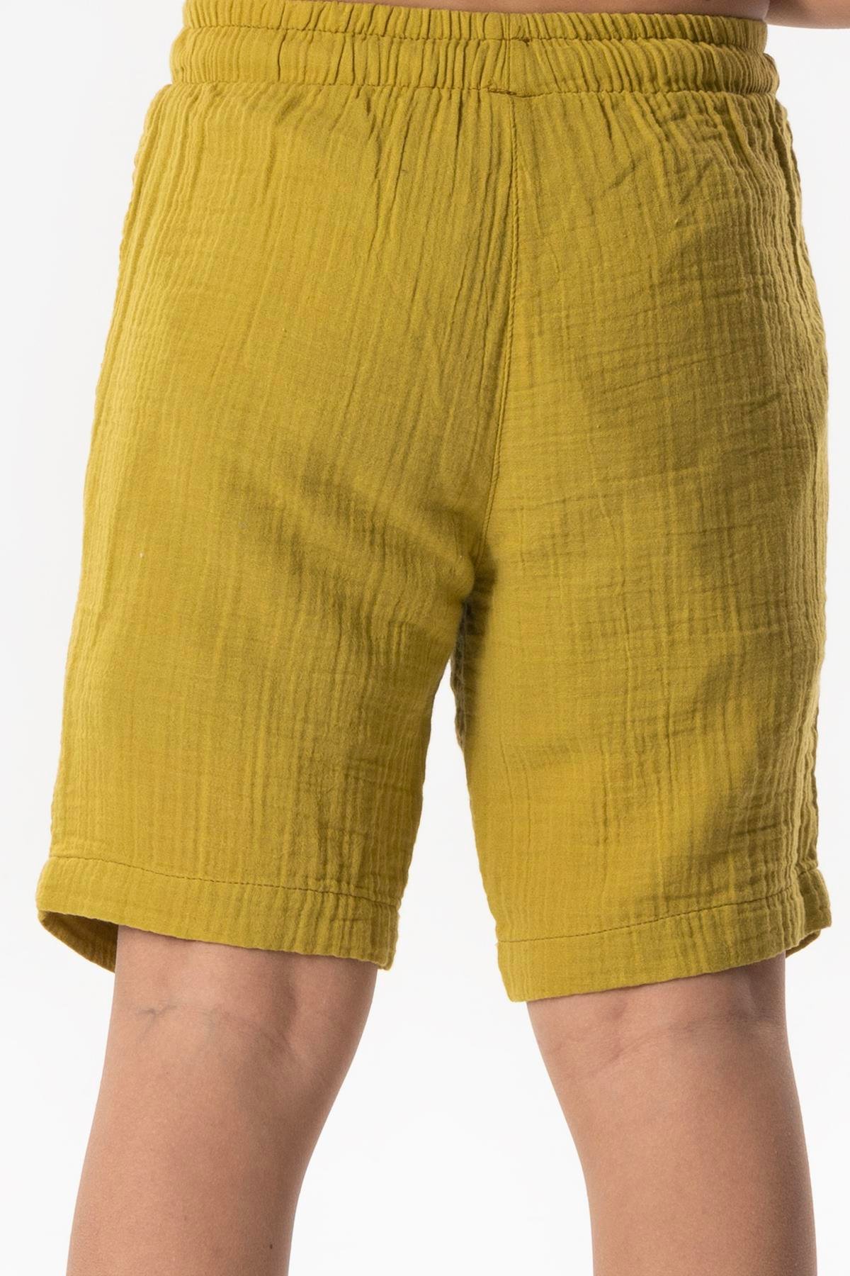 Batı Cep Detaylı Yazlık Müslin Erkek Çocuk Şort Yağ Yeşili Ygysl