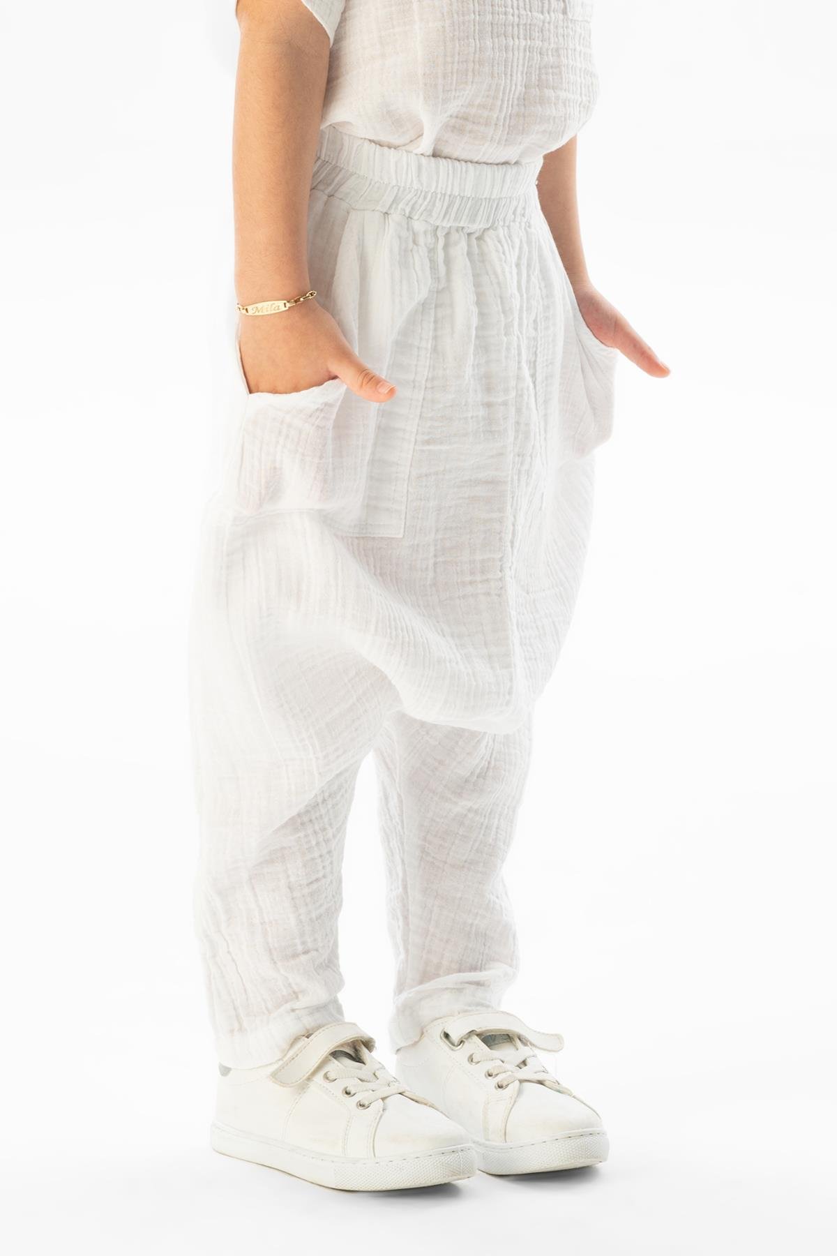 Batı Yazlık Müslin Kız Çocuk Şalvar Beyaz Byz