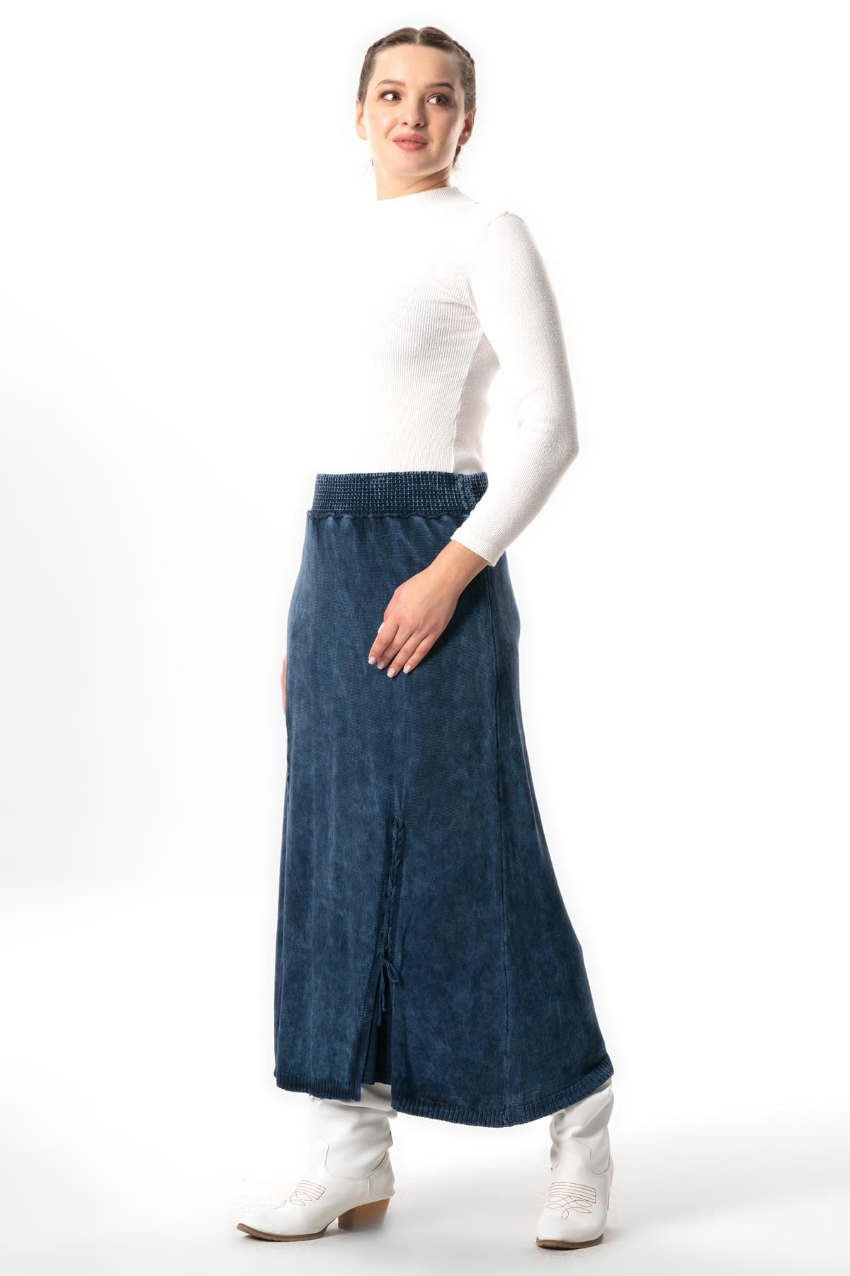 Elastic Waist Berra Binding Detailed Fall and Winter Long Knitwear Skirt Indigo