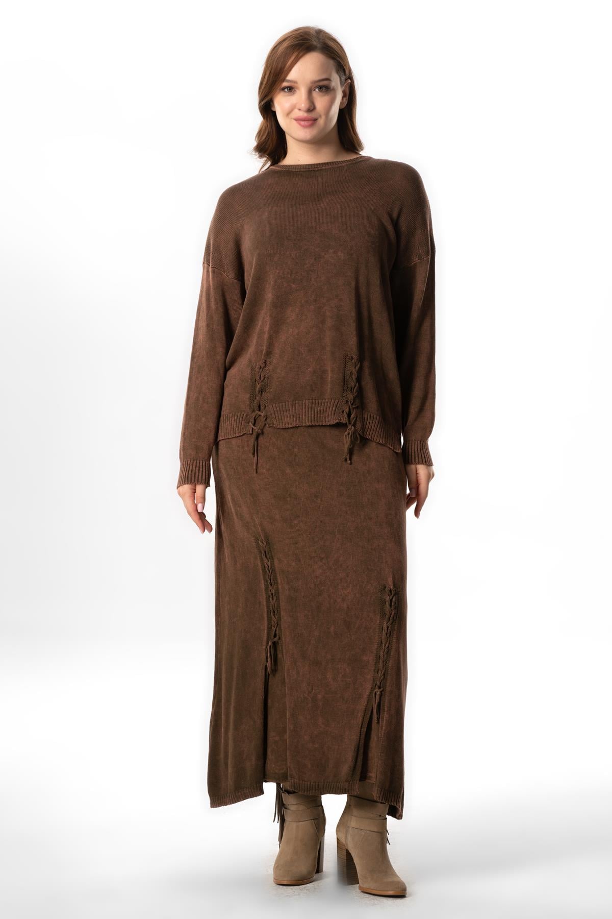 Elastic Waist Berra Binding Detailed Fall and Winter Long Knitwear Skirt Brown