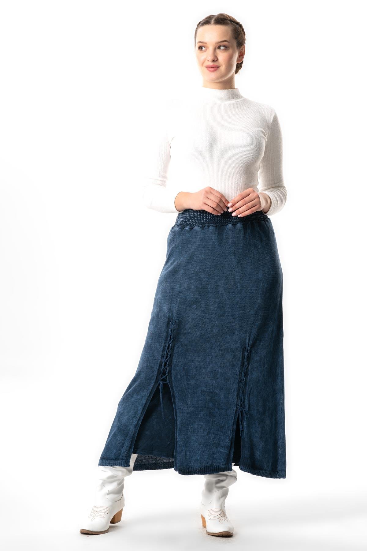 Elastic Waist Berra Binding Detailed Fall and Winter Long Knitwear Skirt Indigo