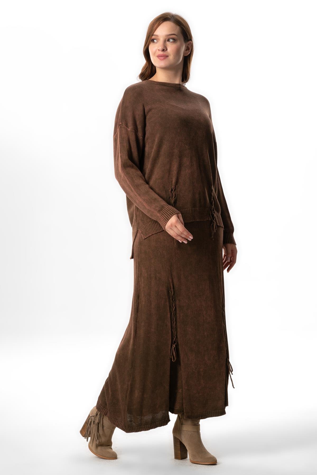 Elastic Waist Berra Binding Detailed Fall and Winter Long Knitwear Skirt Brown
