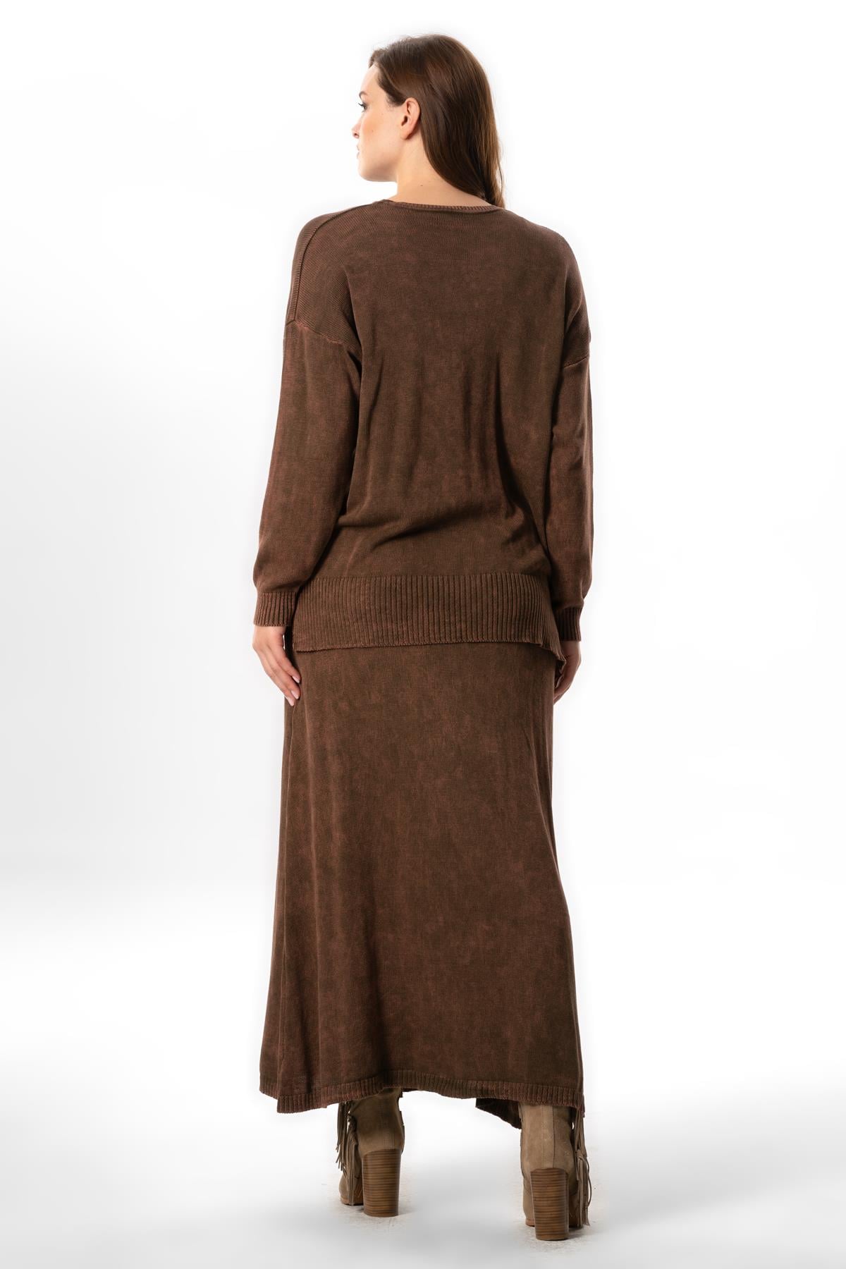 Elastic Waist Berra Binding Detailed Fall and Winter Long Knitwear Skirt Brown