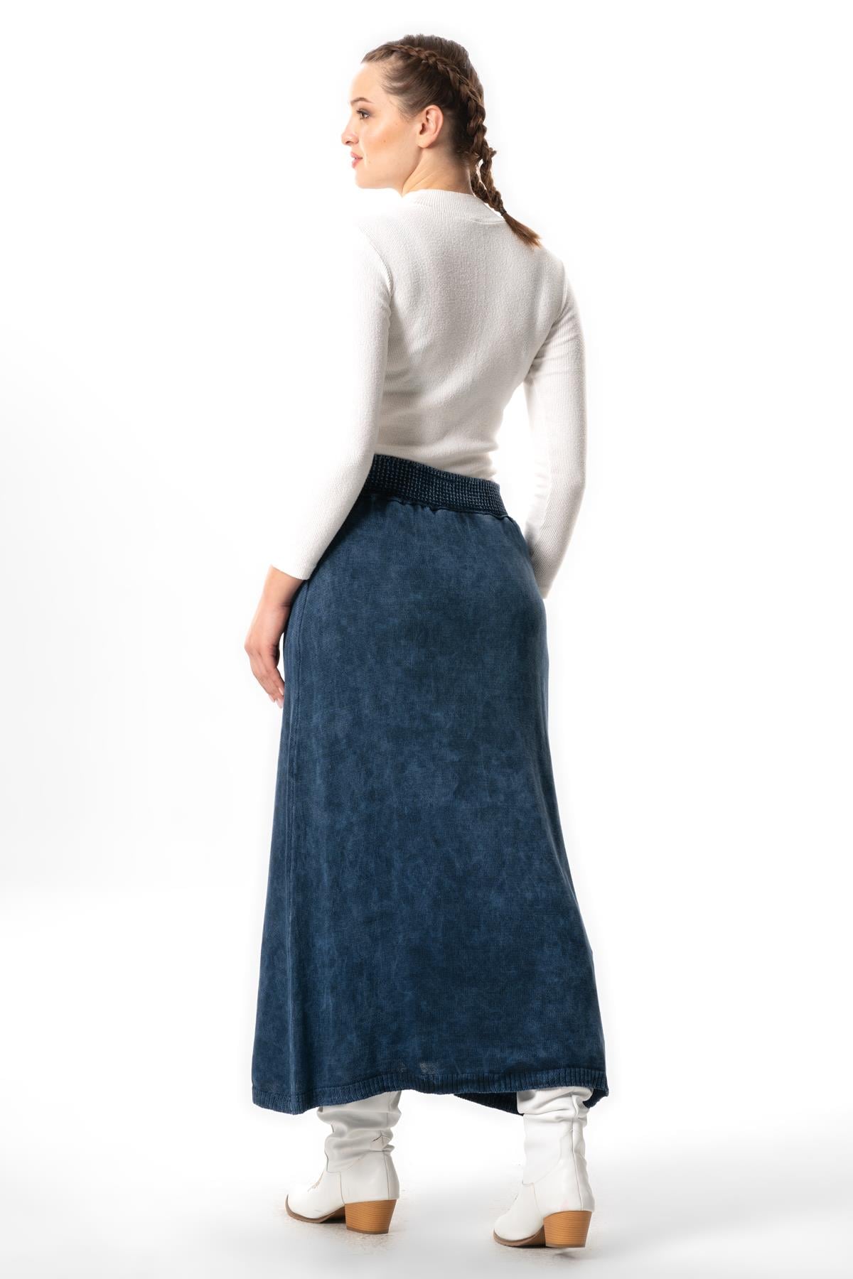 Elastic Waist Berra Binding Detailed Fall and Winter Long Knitwear Skirt Indigo