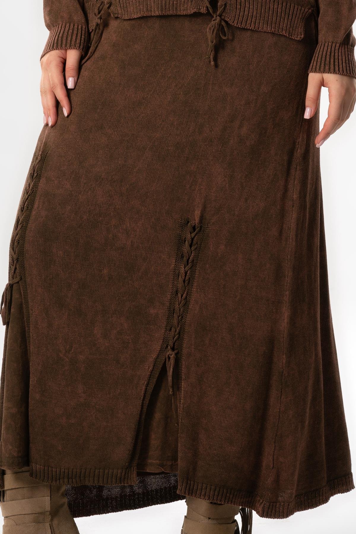 Elastic Waist Berra Binding Detailed Fall and Winter Long Knitwear Skirt Brown